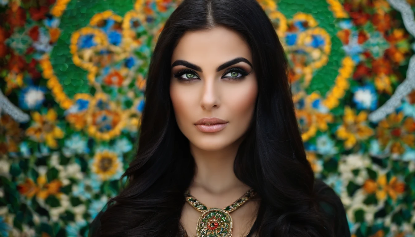 A stunning Iranian girl with piercing green eyes and long, flowing black hair, standing in front of a vibrant mosaic wall.