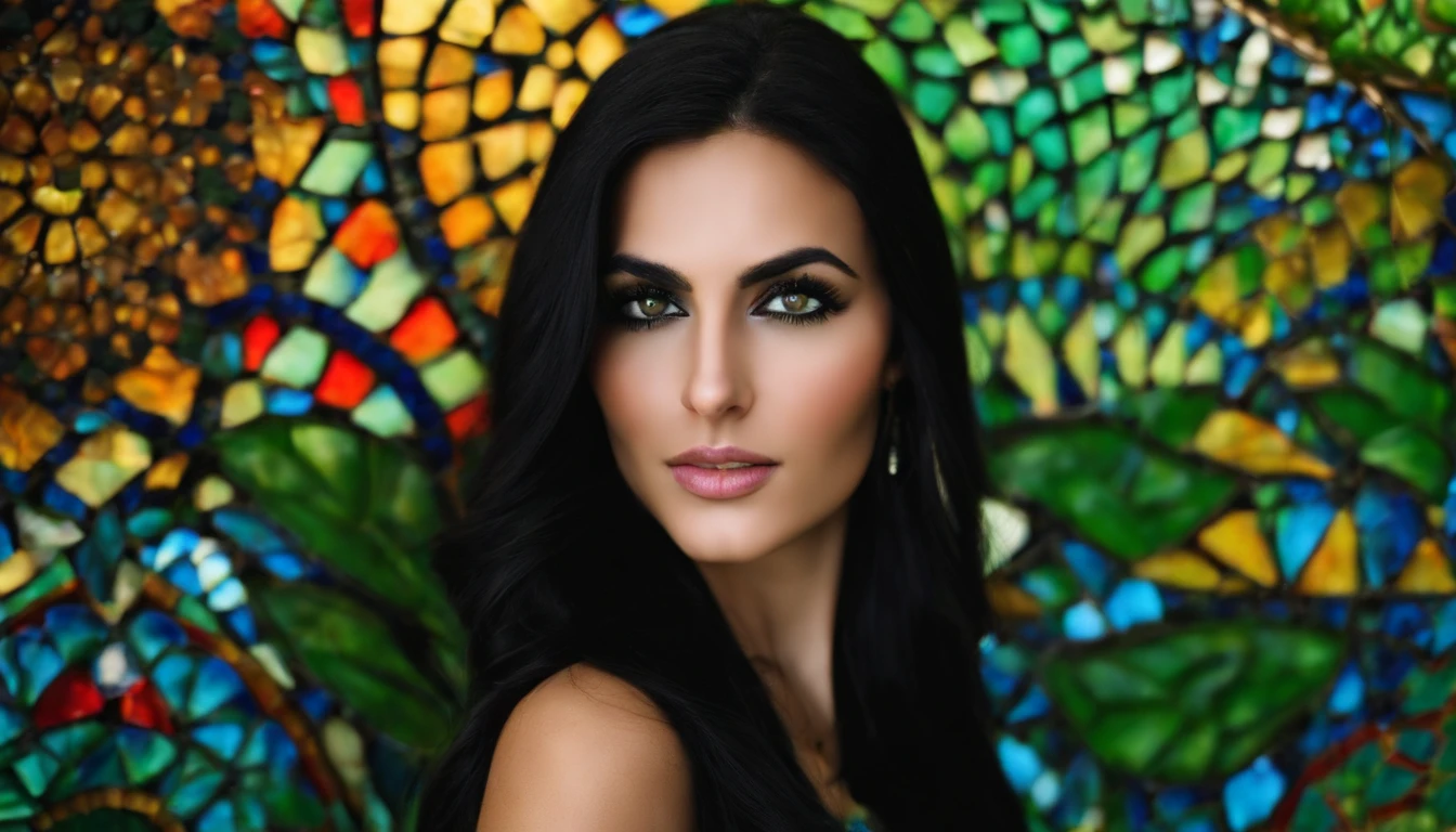 A stunning Iranian girl with piercing green eyes and long, flowing black hair, standing in front of a vibrant mosaic wall.