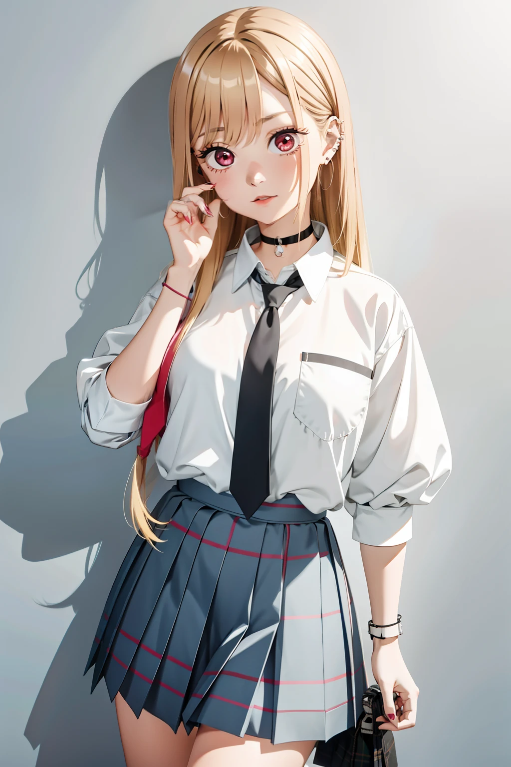 1girl,  Marin Kitagawa, long hair, blonde hair, red eyes, piercing, earrings, ear piercing, stud earrings, black choker, loose necktie,  school uniform, white collared shirt, blue skirt, pleated skirt, plaid skirt, wrist scrunchie, long fingernails, pink nails, nail art,  (masterpiece:1.2), highres, best quality, 8k, very clear,