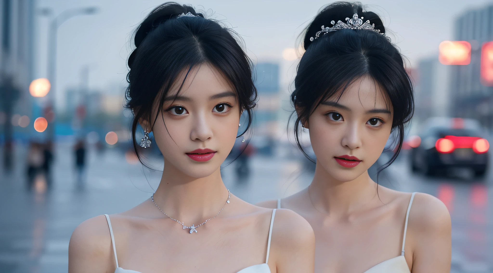 ((addielyn, wearing glass, black hair)), Random posture, (An extremely delicate and beautiful work), (masterpiece), 1girl, extremely detailed elegant wedding dress, tiara, highly detailed, ponytail contorted, charming expression, beautiful and clear eyes, green eye pupil, delicate necklace, delicate earrings, simple blurred background, extreme detail description, beautiful, charming, ultra-fine painting, delicate face, delicate figure, Fine collarbones, lovely lips, soft behind, mix4,(8k, RAW photo, best quality, masterpiece:1.2), (realistic, photo-realistic:1.37),1girl,cute,cityscape, night, rain, wet, professional lighting, photon mapping, radiosity, physically-based rendering, above waist,