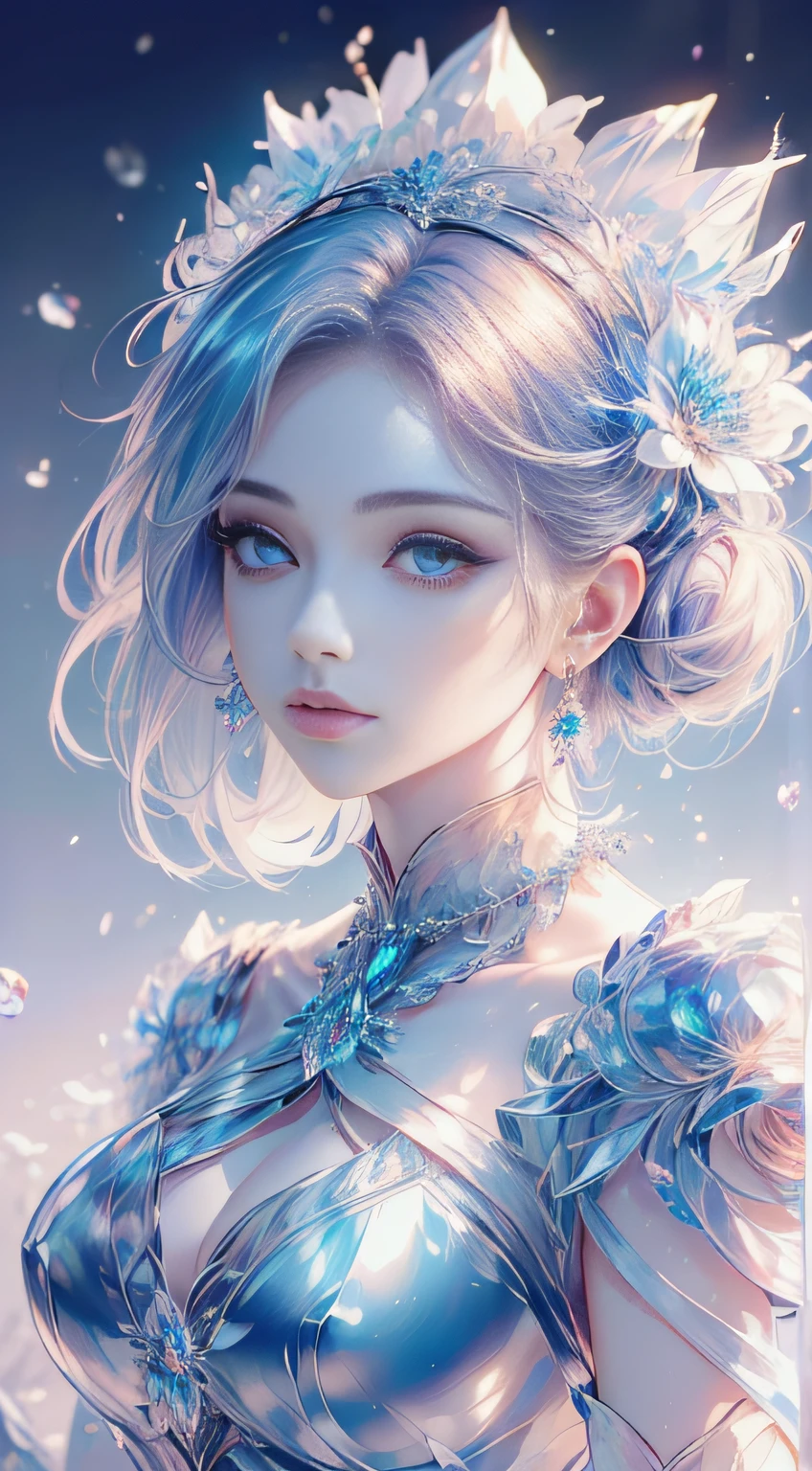 tmasterpiece，Highest high resolution，((magic orb))，Dynamic bust of beautiful aristocratic maiden，Blue hair is elegantly coiled，（(Wearing a huge flower crown))，Purple clear eyes，(((The hair is covered with beautiful and delicate floral craftsmanship, Crystal jewelry filigree)))，Ultra-detailed details，upscaled，The earth rises。