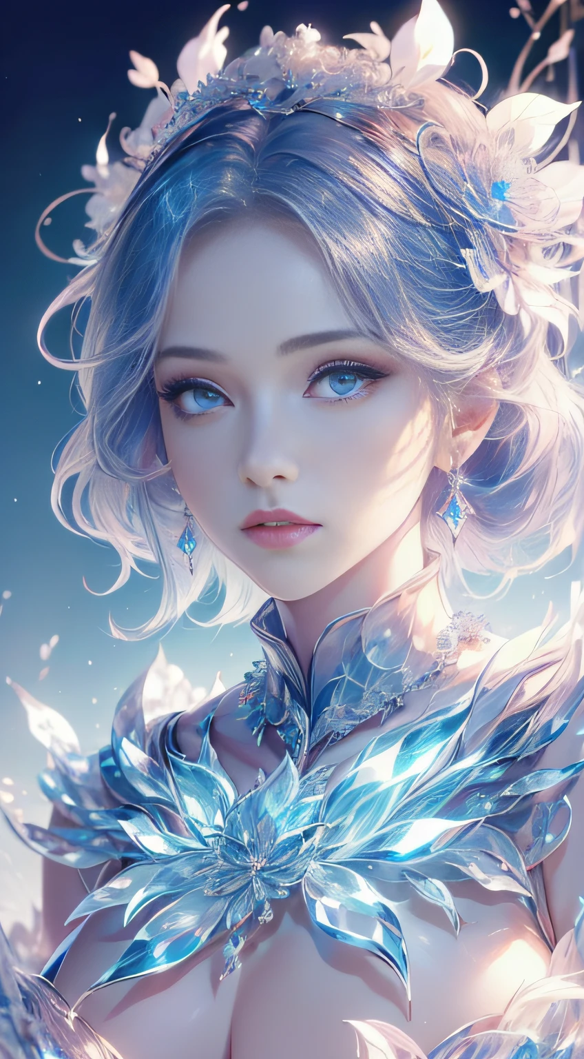 tmasterpiece，Highest high resolution，((magic orb))，Dynamic bust of beautiful aristocratic maiden，Blue hair is elegantly coiled，（(Wearing a huge flower crown))，Purple clear eyes，(((The hair is covered with beautiful and delicate floral craftsmanship, Crystal jewelry filigree)))，Ultra-detailed details，upscaled，The earth rises。