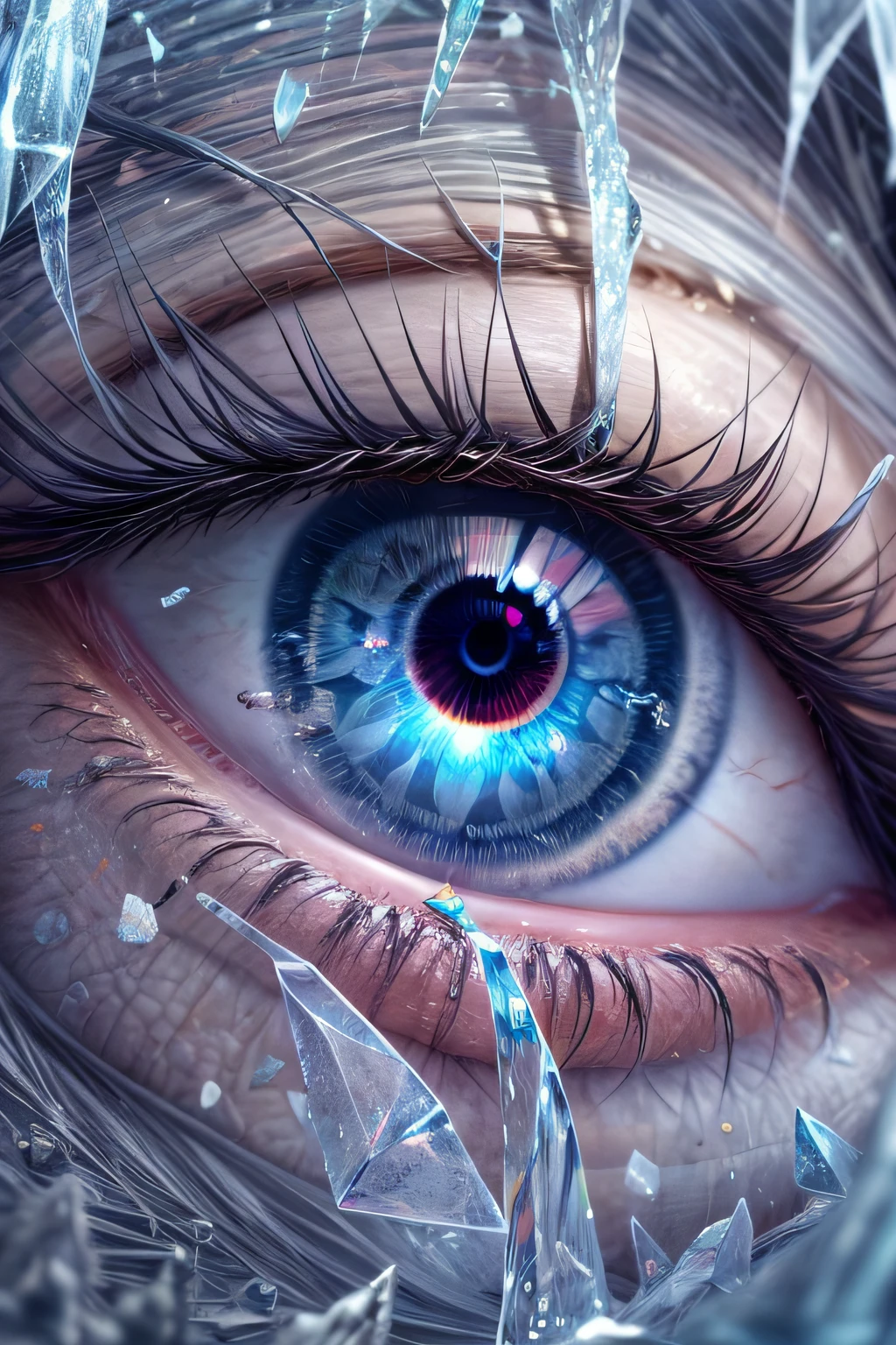arafed, high details, best quality, 16k, [ultra detailed], masterpiece, best quality, (extremely detailed), dynamic angle, ultra wide shot, RAW, photorealistic, a extreme magnified picture of (1) icy eye of a frozen devil, icy Fragments rimes on the eye lashes, light blue iris, a full whitw moon, round moon being reflected on the iris, 3D rendering, [[anatomically correct]] zrpgstyle