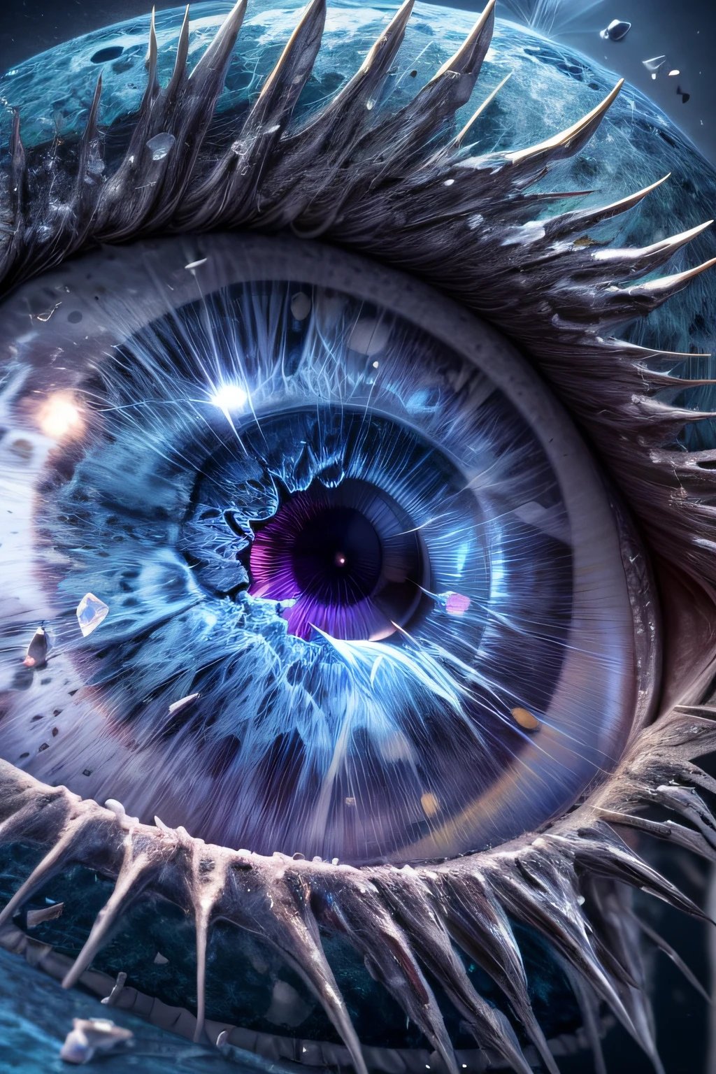 arafed, high details, best quality, 16k, [ultra detailed], masterpiece, best quality, (extremely detailed), dynamic angle, ultra wide shot, RAW, photorealistic, a extreme magnified picture of (1) icy eye of a frozen devil, icy Fragments rimes on the eye lashes, light blue iris, a full whitw moon, round moon being reflected on the iris, 3D rendering, [[anatomically correct]] zrpgstyle