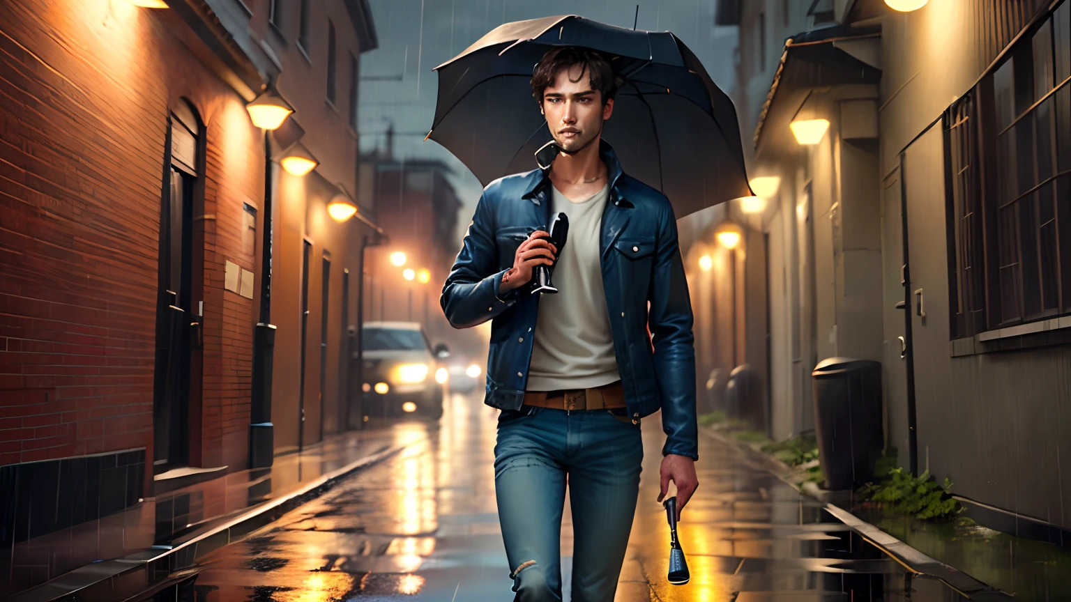 A man, solo, short hair, jeans, walking in the rain, holding a bottle of wine to his mouth, without an umbrella