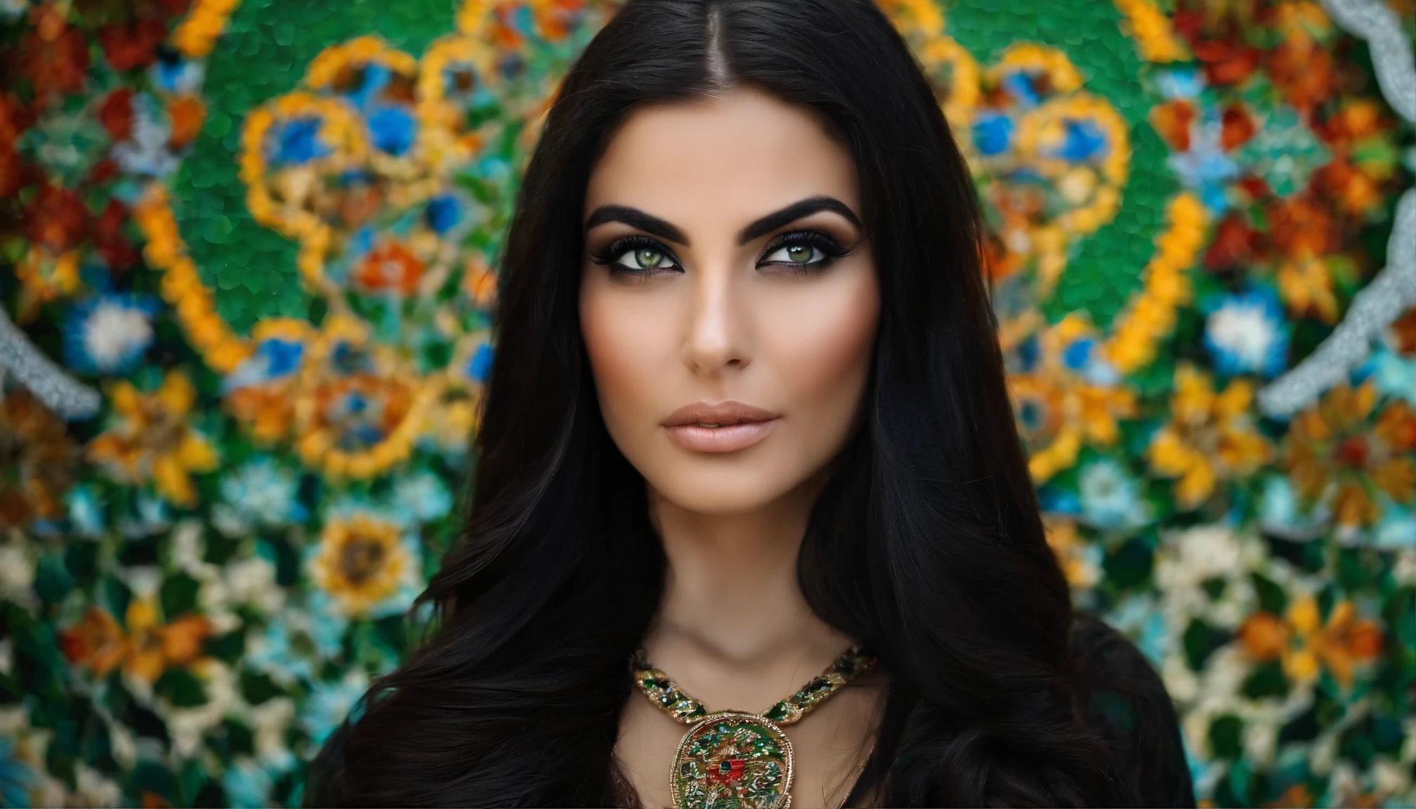 A stunning Iranian girl with piercing green eyes and long, flowing black hair, standing in front of a vibrant mosaic wall.