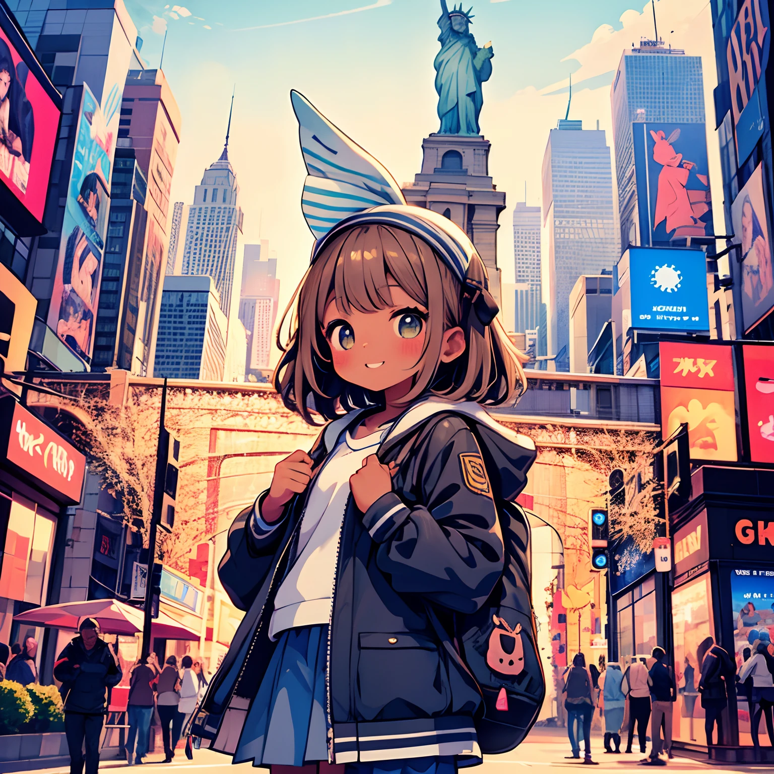 Sightseeing in New York、Statue of Liberty、Kawaii Girl、American Fashion、nudde、happily face、Brown skin、​masterpiece、top-quality、Top image quality