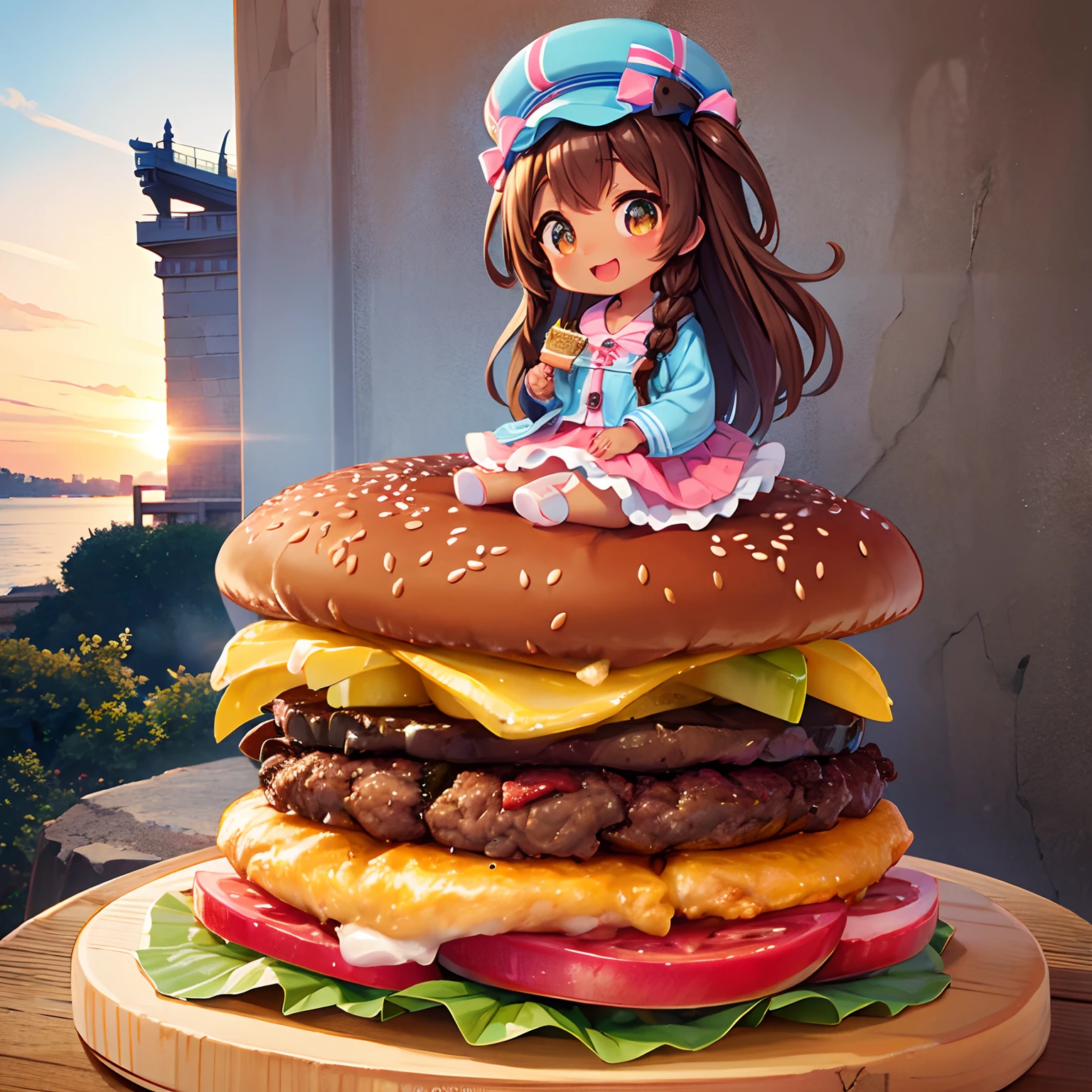 Tourism in the United States、the statue of liberty、Kawaii Girl、hamburgers、happily face、Brown skin、masterpiece、top-quality、Top image quality