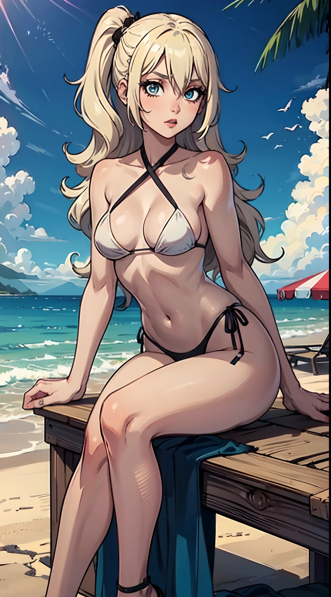 ((Best Quality)), (Ultra-detailed), ((Extremely detailed)), (Beautiful), ((kawaii girl)),(Hair from both sides up).,platinum blonde hair,Long hair, Hair between the eyes, Wavy Hair, Long sideburns,Jade-colored eyes, White Skin Skin,Normal Chest,shapely body,Cross Halter Bikini,Sandals,sitting,at a beach,Take a look at the camera,one girls,a one woman,the anime