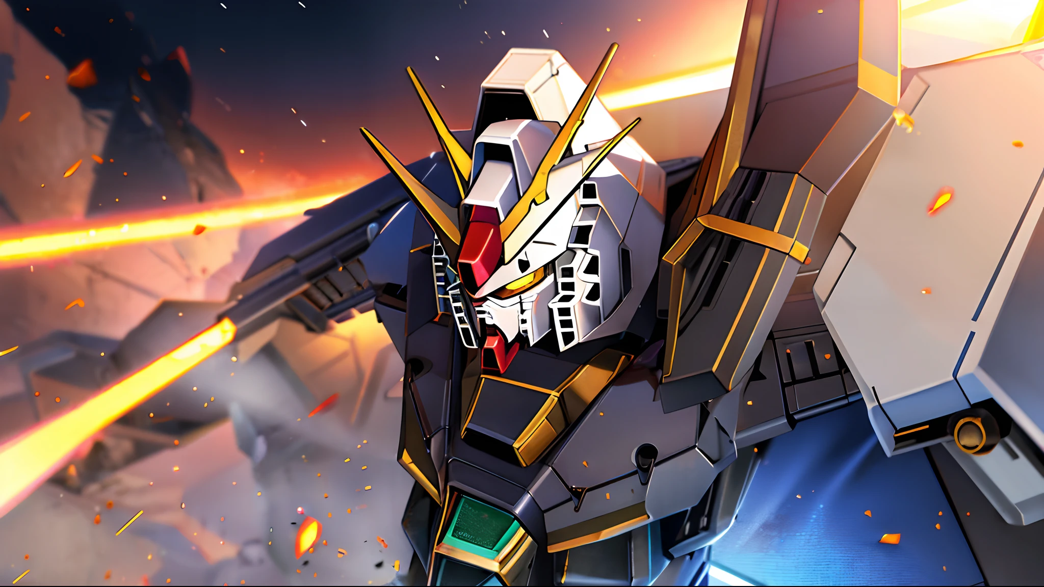 (absurdres, highres, ultra detailed),(Masterpiece, best quality:1.2),1 mecha,dusty armour, battle damaged,white dirty armour, Gundam, realistic lighting, unreal engine 5, absolutely stunning CGI, looking towards viewer, extremely detailed