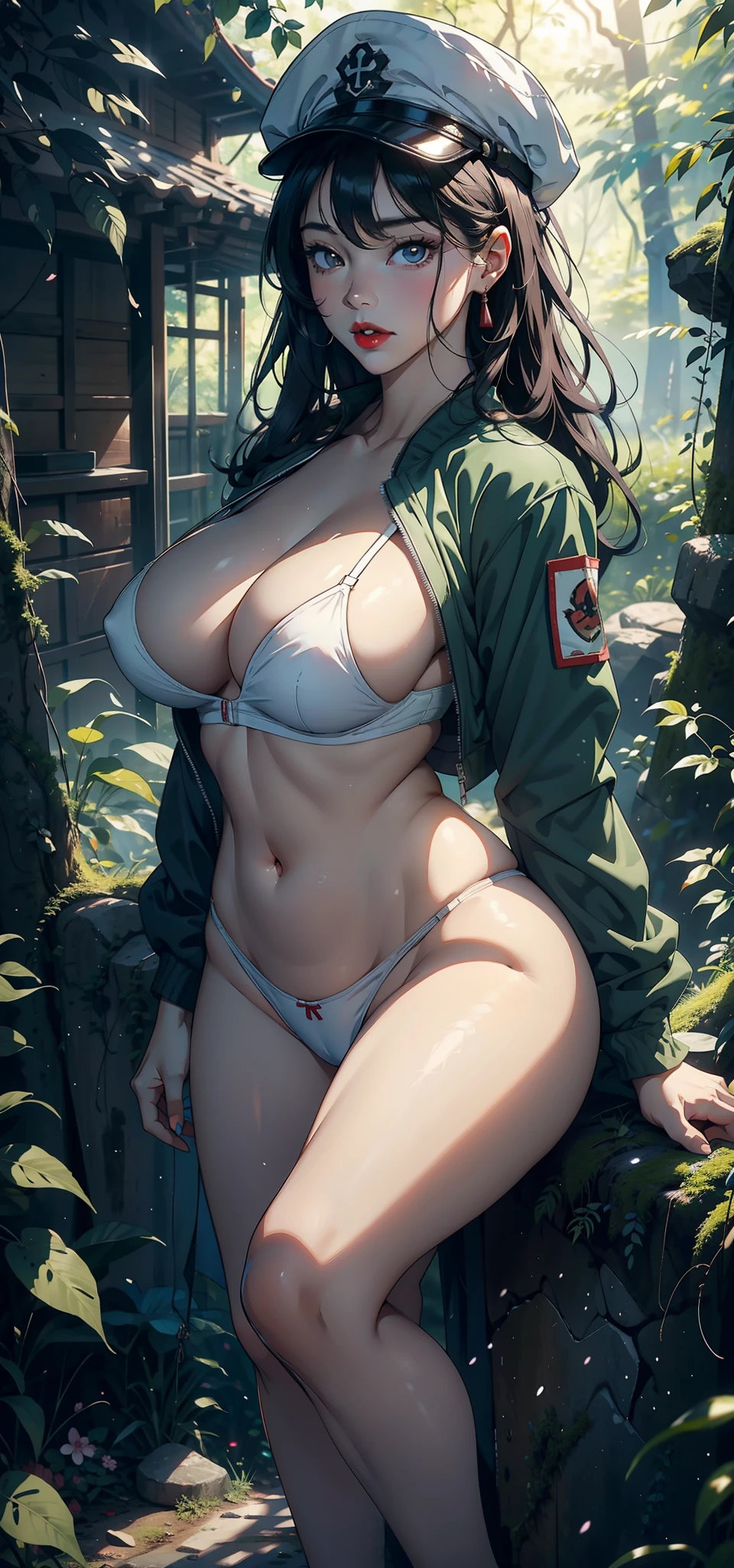 1female,45 yers old,Married Woman,熟妇,mature,plumw,extremely large bosom,Big breasts Thin waist,long leges, 独奏,(Background with:Deep in the forest,Cherry blossom forest,)stand on stone,Open your legs, She has long black hair,bobo head,,seen from the front, standing in forest, mostly cloudy sky,(((tmasterpiece),(Very detailed CG unity 8K wallpaper),best qualtiy,cinmatic lighting,detailed back ground,beatiful detailed eyes,Bright pupils,Black eyes,Snow-whiteskin,Redlip(Very fine and beautiful),(Beautiful and detailed eye description),ultra - detailed,tmasterpiece,))facing at camera,A high resolution,ultra - detailed),laughingly,revealing breasts,Bare genitalia, Bulge,legs are open,Raised sexy,Camel toes,Flushed complexion,Desire for dissatisfaction,frontage,cyber punk style,nurses(Wearing:military hat,green colored bomber jacket,)visible panty、nakeness,A sagging breast