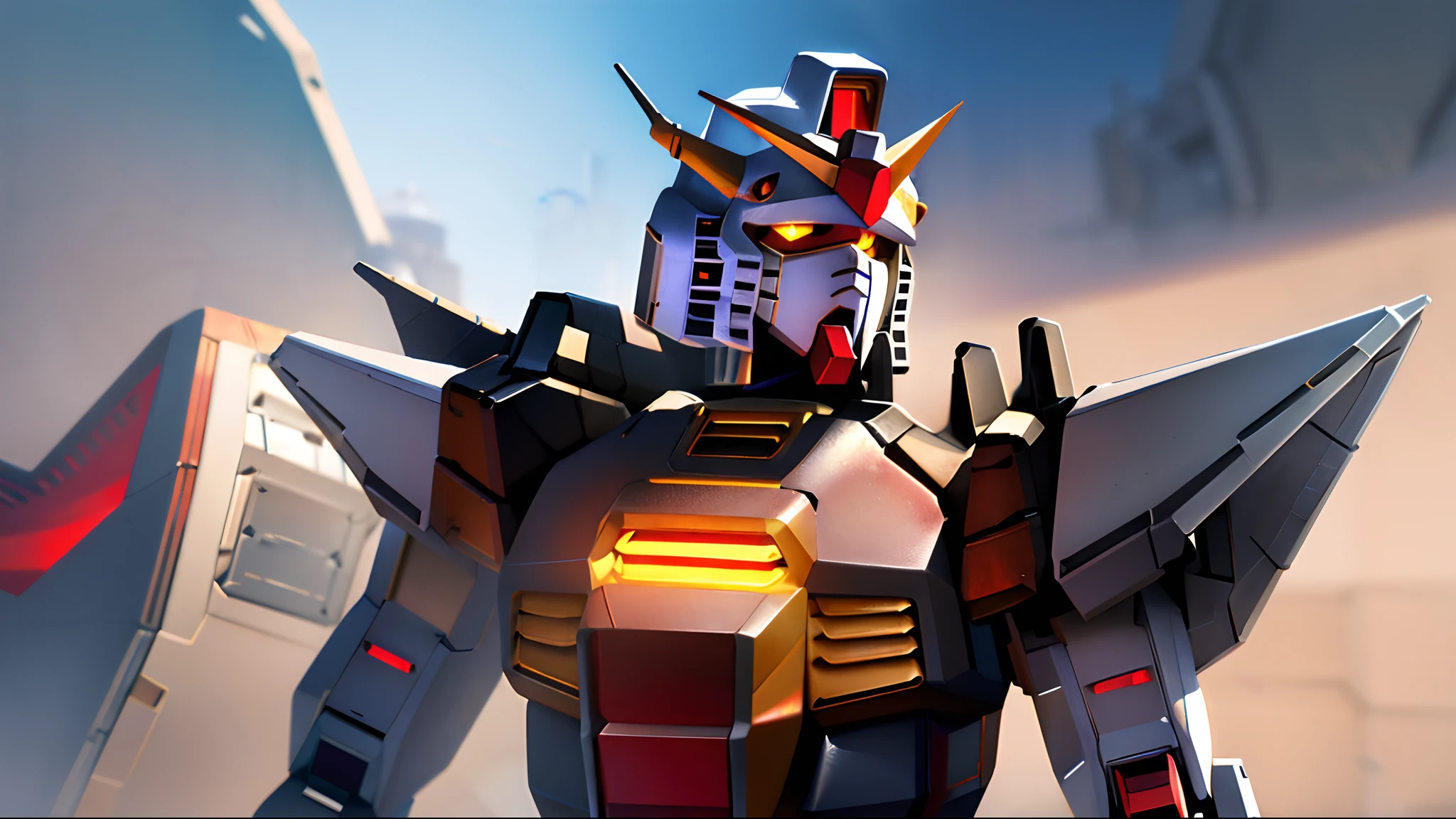 (absurdres, highres, ultra detailed),(Masterpiece, best quality:1.2),1 mecha,dusty armour, battle damaged,white dirty armour, Gundam, realistic lighting, unreal engine 5, absolutely stunning CGI, looking towards viewer, extremely detailed