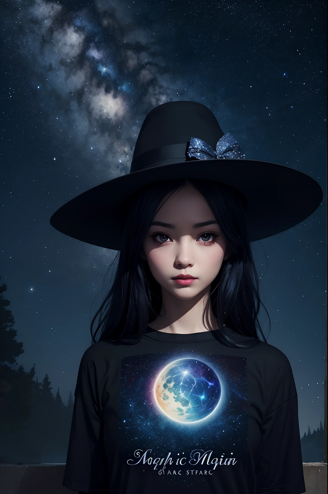 high quality, stary night blue black beautiful magical woman, A beautiful magician woman made of starry sky, magic hat, splash arts, aesthetic for Tshirt design, darktone, by yukisakura, high detailed,