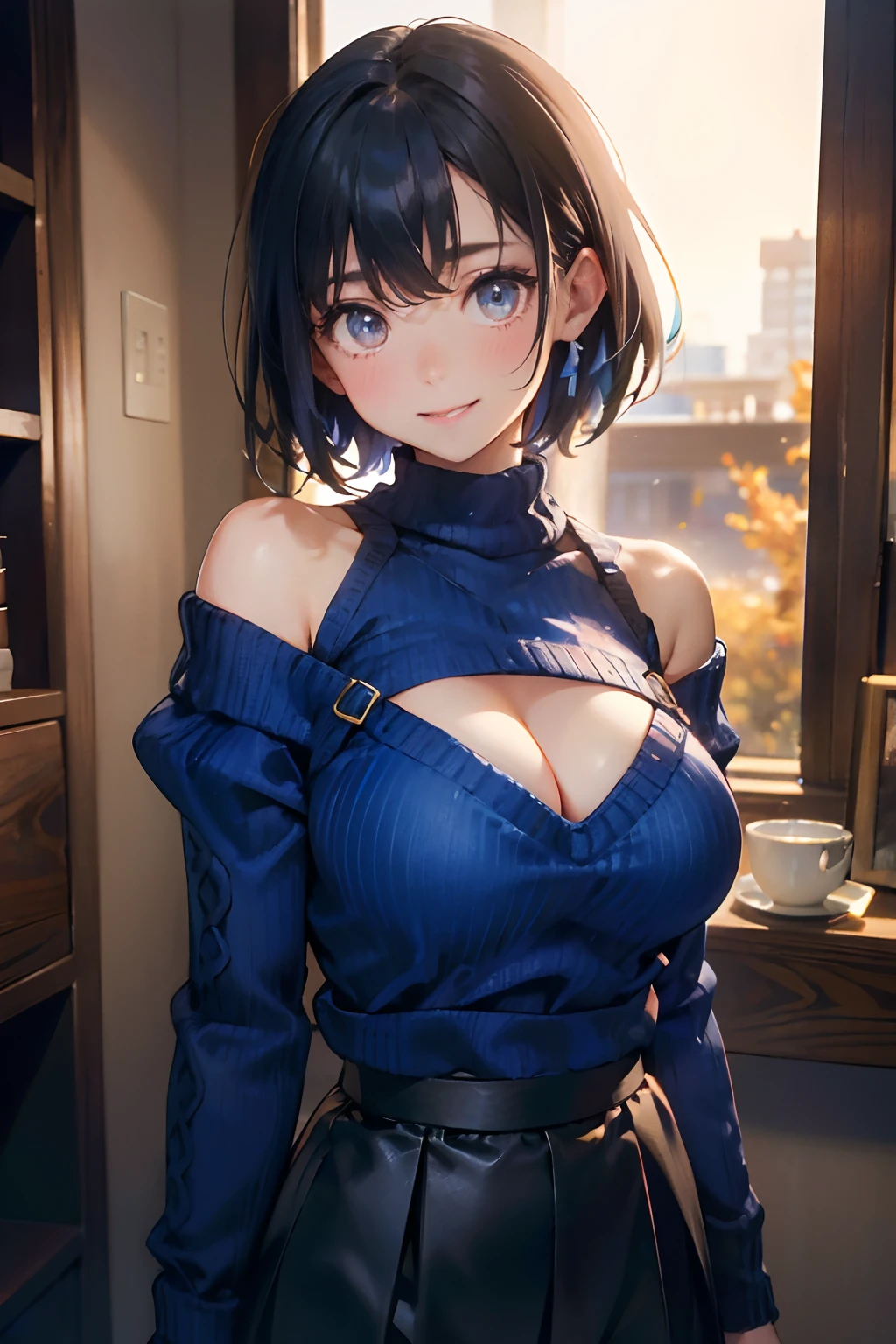 a 20 yo woman、Black-haired head hair、Bery short hair、Big smile、cleavage of the breast、Japanese clothes with open chests、(hi-top fade:1.3)、dark themed、Muted Tones、Subdued Color、highly contrast、(natural skin textures、Hyper-Realism、Soft light、sharp) Black skirt, (Blue sweater:1.5), Long sleeves, off shoulders, off-the-shoulder sweater, Puffy sleeves, Skirt, Sweaters, White ribbon,