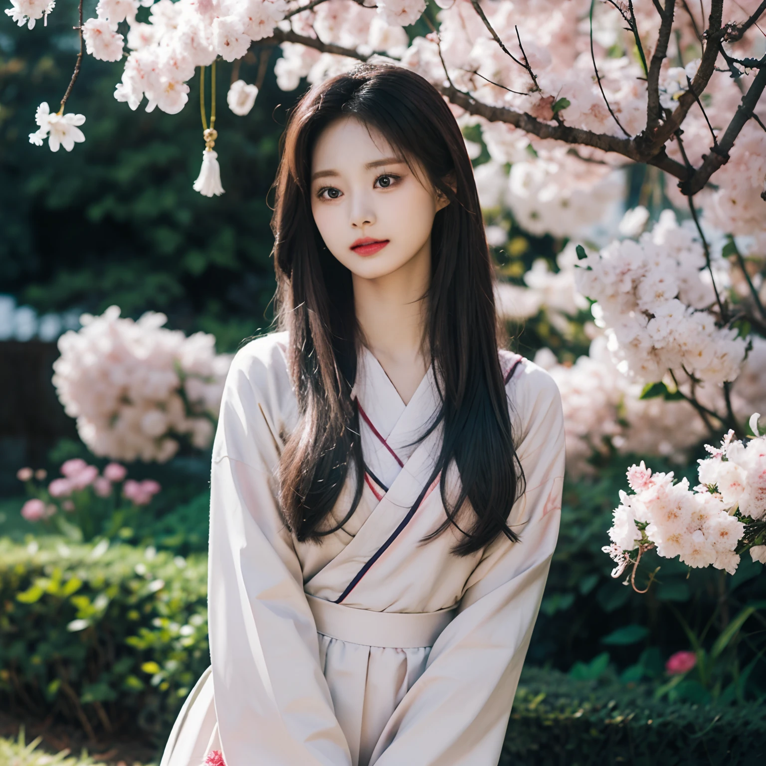 Tzuyu, kimono dress, sakura trees background, 4k, ultra resolution, masterpiece