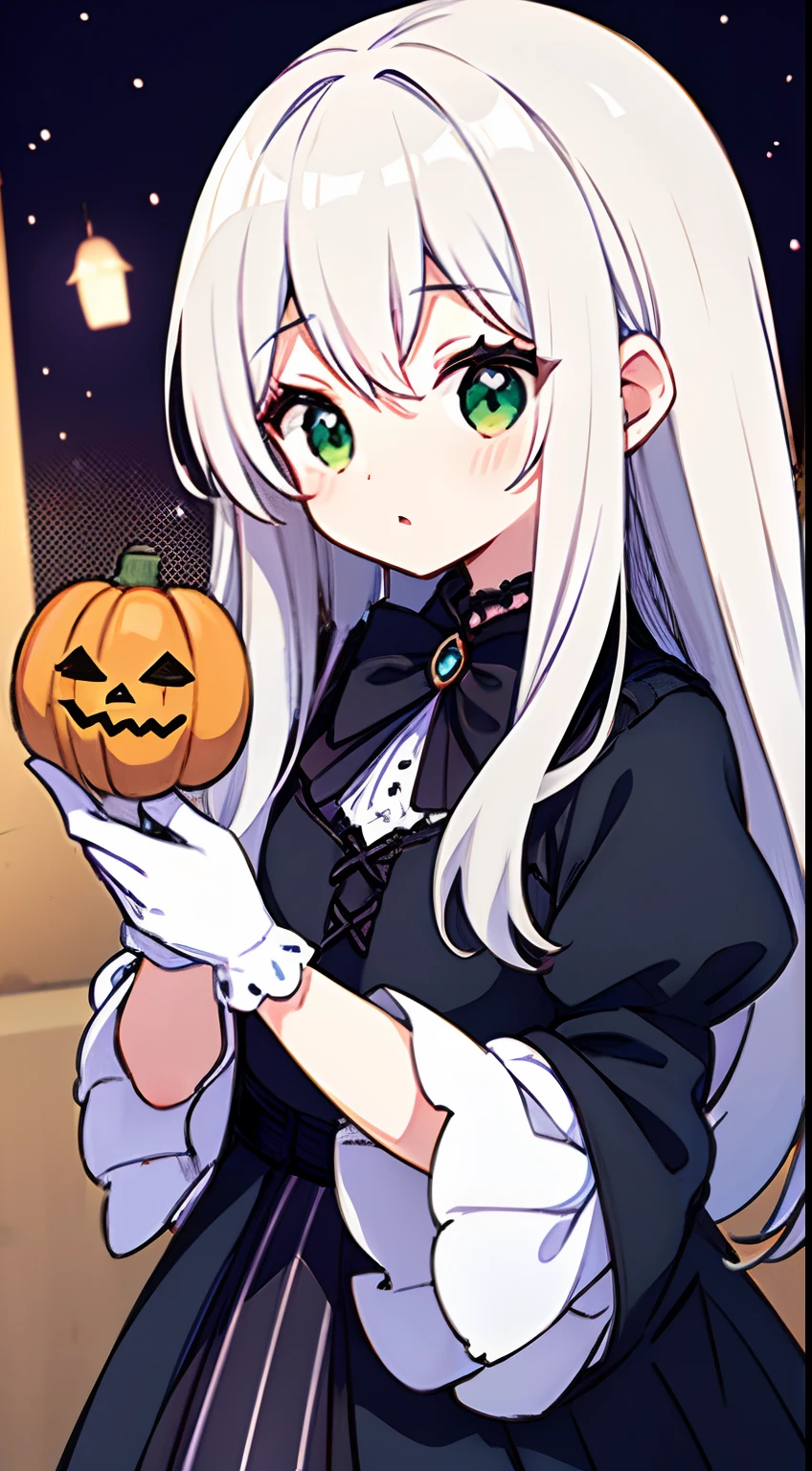 {high quality}, 1girl, {girl}, white hair, shining green eyes, {long hair}, {Halloween}, {Gothic ta}, {precious clothing}, {dark night}, {grave}, {ghost}, {white gloves}, {glamorous decor}, {lantern}, {haunted house}, {blue flame}, {many ornaments}