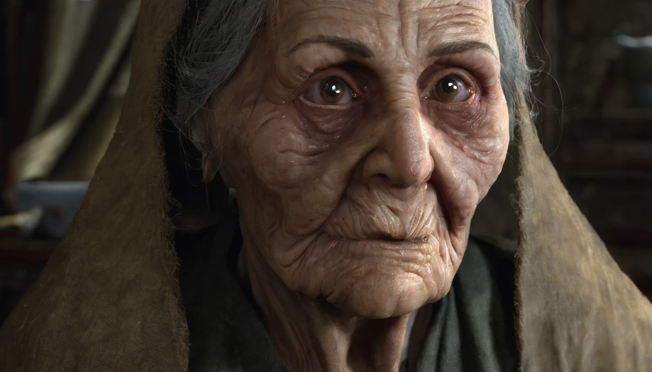 filme de terror, Cursed Old Woman, bruxa, cheia de rugas e cortes no rosto, na casa dos 90 anos, fundo de uma cozinha escura, olhos todos pretos, Roupas escuras, Rasgado, candle in hand, virado para a frente, detalhado no rosto,Realistic image,cabelos grisalhos,corvo