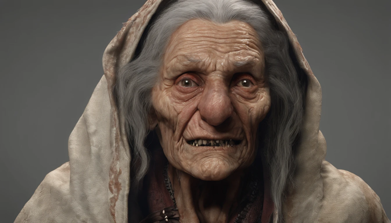 filme de terror, Cursed Old Woman, bruxa, cheia de rugas e cortes no rosto, na casa dos 90 anos, fundo de uma cozinha escura, olhos todos pretos, Roupas escuras, Rasgado, candle in hand, virado para a frente, detalhado no rosto,Realistic image,cabelos grisalhos,corvo