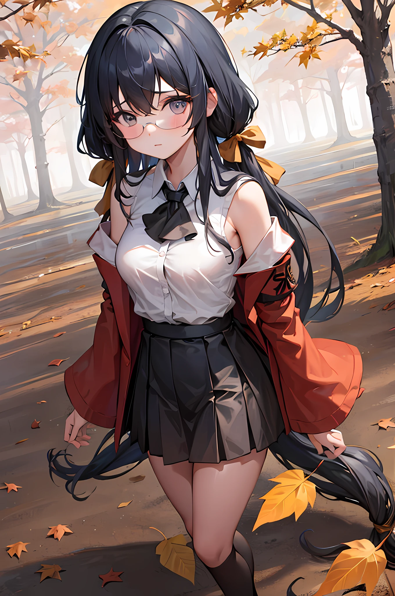 ,1girl, hair bow,ascot,hair tubes,miko,detached sleeves, autumn forest,orange fallen leaves, blue-orange light