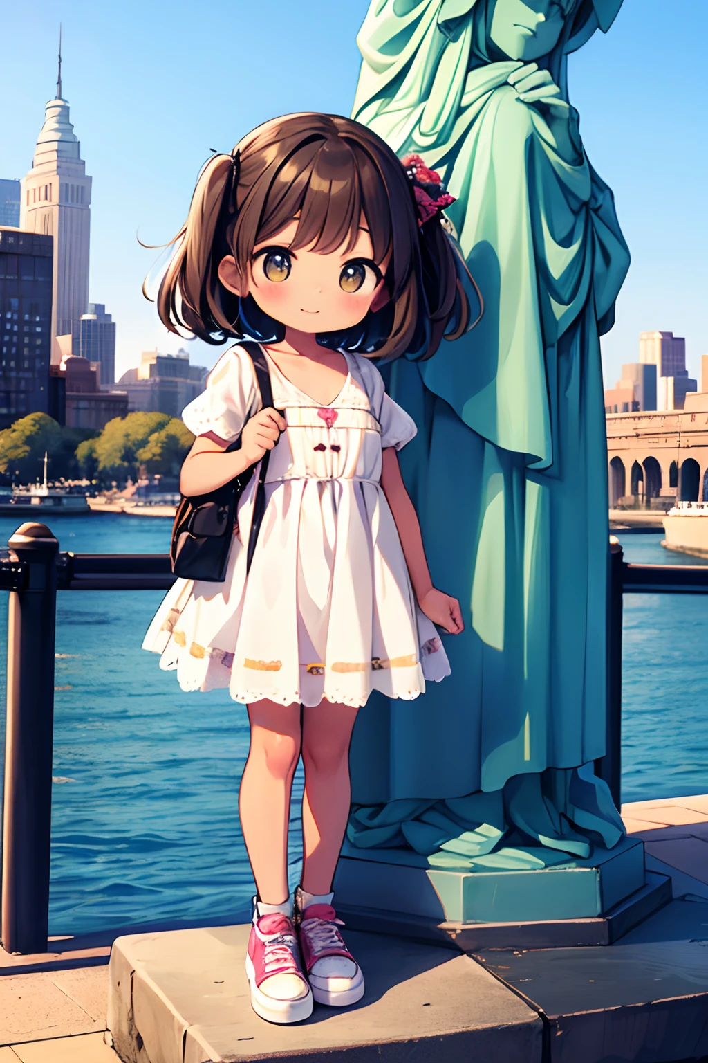 Sightseeing in New York、the statue of liberty、Kawaii Girl、American Fashion、happily face、Brown skin、​masterpiece、top-quality、Top image quality