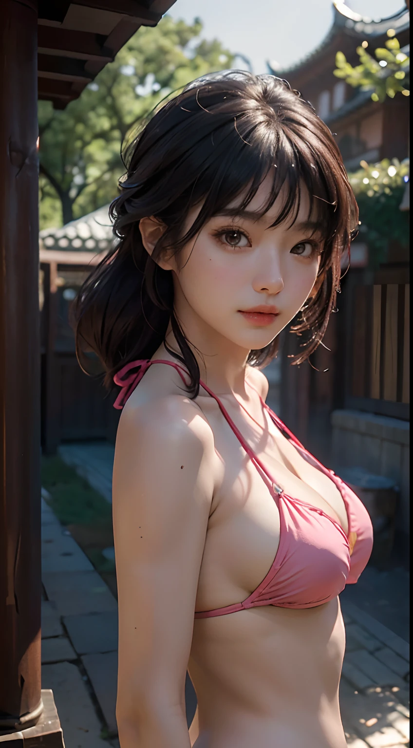 8K、(Above the chest:1.5)、(1 girl in:1.4)、Light Brown Fringe Hair、Braided hair、disheveled hair、Light brown eyes、(A smile)、(爆乳:1.7)、(Emphasize the valley:1.7)、Photorealsitic、(Shadow:1.1)、(intricate detailes:1.2)、(masutepiece、:1.3)、(top-quality:1.4)、(超A high resolution:1.2)、超A high resolution,Detailed ears, (underboob:1.4), (Shining、Red Brazilian bikini with shiny dot pattern:1.2), low  angle shot, View from below, hand behind head, put hands on the hip, Black eyes、Detailed eyebrows、A detailed eye、Detailed nose、Detailed mouth、well proportioned face、Detailed ears、BREAK、(Urban twilight、Skyscraper District、Sunset between buildings:1.5)