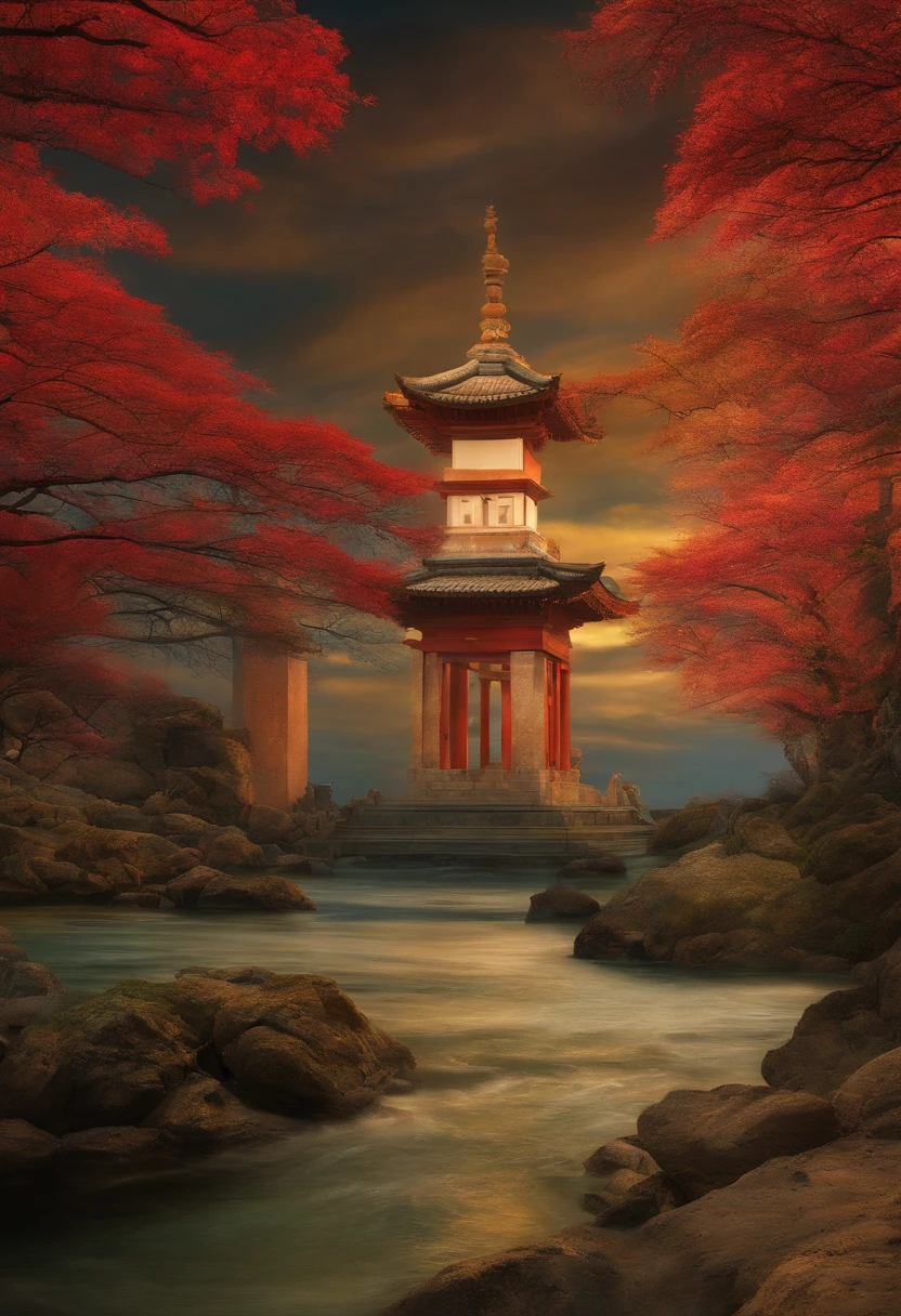 illustration matte painting, by Li Tiefu, artwork in the style of z.w. gu, chinese surrealism, inspired by Kanō Naizen, chinese style painting, symmetric matte painting, blossoms, overlooks, Romanticism, Constructivism, Suprematism