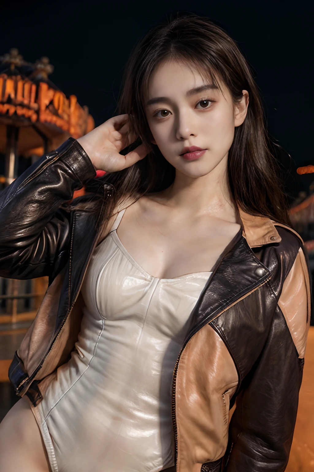 Haut du corps, (From directly above)Detailed skin,8K masterpiece,cinematic lighting,chemise,Burgundy,Manteau,CE leather jacket,Luxury brand of the same model,Lambskin,