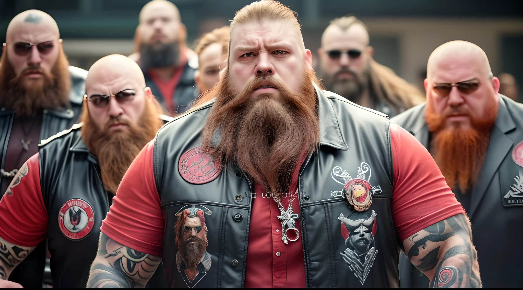 a close up of a man with a beard and a beardless face, badass beard, menacing look, reddish beard, fierce bearded dwarf, manly monster tough guy, red beard, dark red beard, baron harkonnen, gangrel, circle beard, badass look, burly man, epic portrait of menacing, strong facial features, intimidating man, viking beard, Hells Angels bikers, very serious face, have tattoo on face, realistic image, 16k resolution