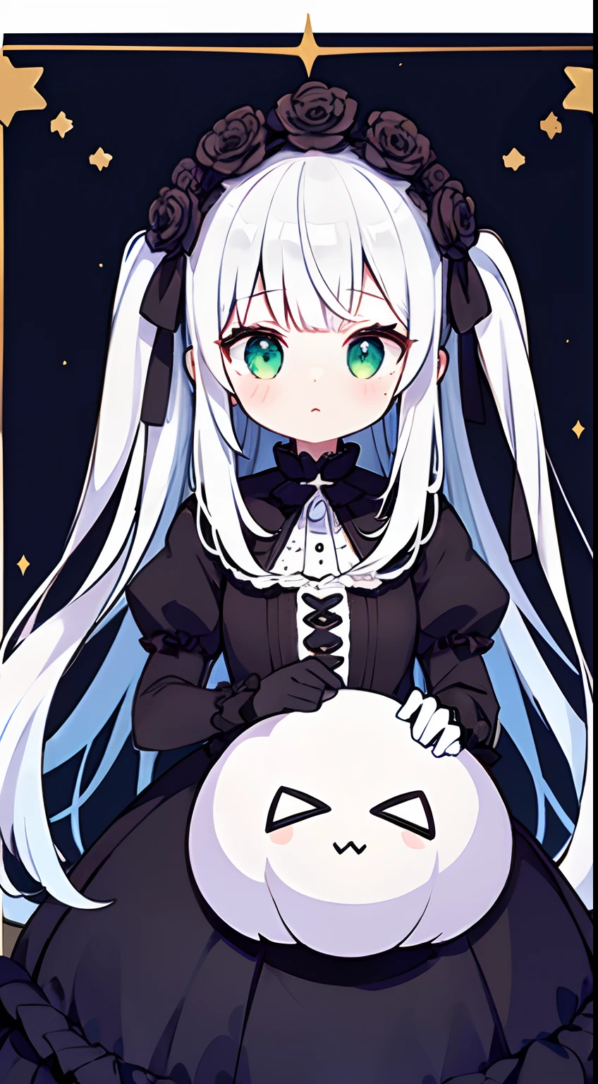 {high quality}, 1girl, {girl}, white hair, shining green eyes, {long hair}, {Halloween}, {Gothic ta}, {precious clothing}, {dark night}, {grave}, {ghost}, {white gloves}, {glamorous decor}, {lantern}, {haunted house}, {blue flame}, {many ornaments}