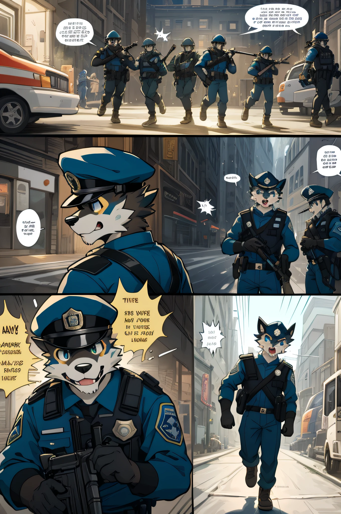 top quality, best quality, highres, masterpiece, super high resolution, detailed background, street, gasping for air(super handsome boys, dog)police officer, swat, police uniform, 6+boys, 6+girls, absurdres(highly detailed beautiful face and eyes)perfect anatomy, good lighting, cinematic shadow(kemono, furry anthro)assorted expressions, assorted poses, assorted angles, full body, upper shot, dynamic angle(boys comic-like panel layouts, speech balloon, English text, Hand-drawn sound effects stickers used in battle comic),