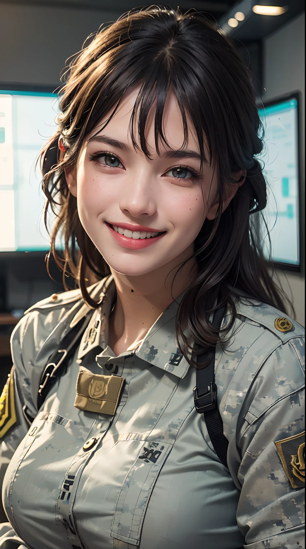 (best quality,4k,8k,highres,masterpiece:1.2), ultra-detailed, (realistic,photorealistic,photo-realistic:1.37), (beautiful detailed eyes, beautiful detailed lips, extremely detailed eyes and face), studio lighting, physically-based rendering,vivid colors, (big tits, super big tits, super extra big tits:0.8), (military operator, tactical communications, operations command center:1.5), (soft lighting:0.8), (portrait, smile and laugh:1.5),