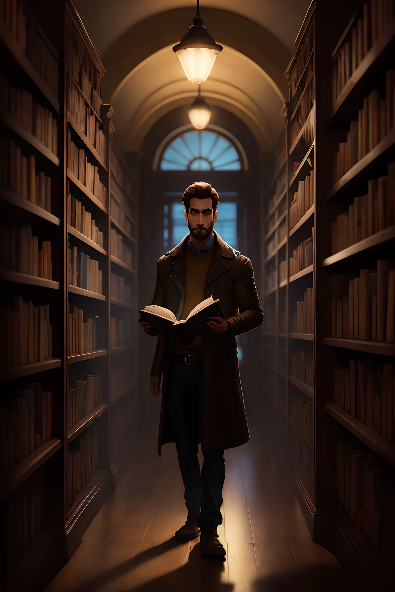 crie um poster no estilo Disney Pixar com o seguinte personagem: um homem com 26 anos, caucasiano, cabelo cortado nas laterais e em cima penteado para o lado, sombra de barba, olhos castanhos escuros, lendo um livro em uma biblioteca