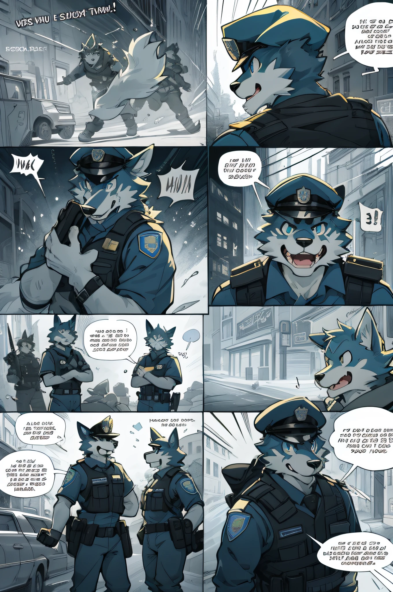 top quality, best quality, highres, masterpiece, super high resolution, detailed background, street, gasping for air(super handsome boys, dog)police officer, swat, police uniform, 6+boys, 6+girls, absurdres(highly detailed beautiful face and eyes)perfect anatomy, good lighting, cinematic shadow(kemono, furry anthro)assorted expressions, assorted poses, assorted angles, full body, upper shot, dynamic angle(boys comic-like panel layouts, speech balloon, English text, Hand-drawn sound effects stickers used in battle comic),