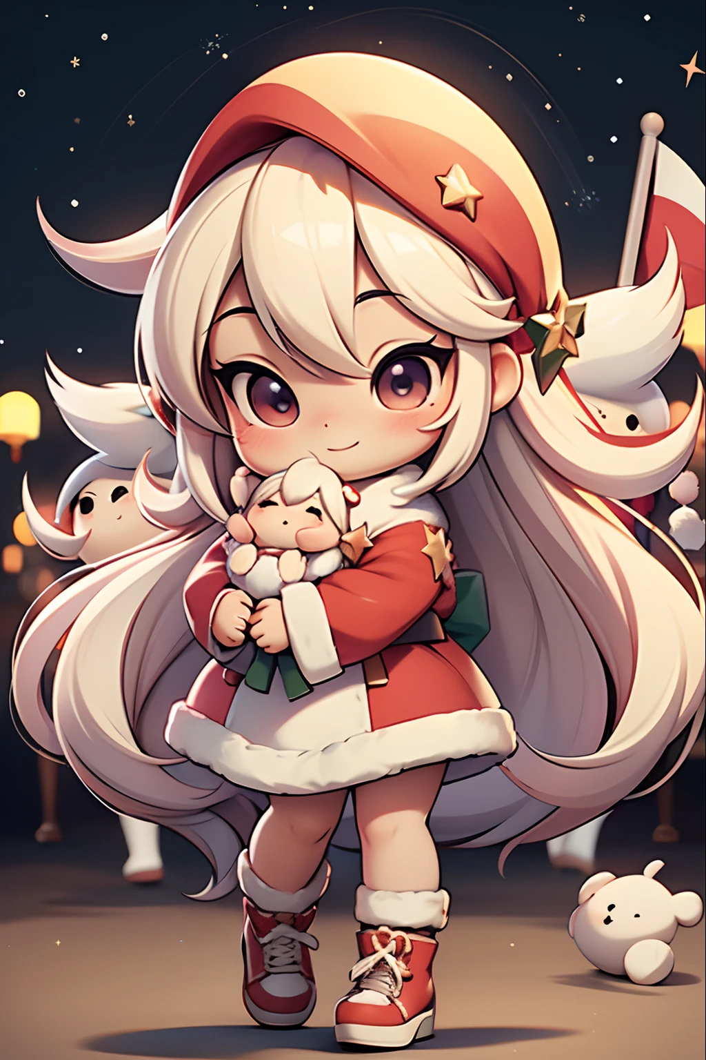 Santa Claus happily carrying presents、Santa is a pretty girl、Chibi Doll、Stars in the eyes（kirakira）、Laugh、Cute red shoes、foco nítido, Ultra Detail, radiant light、bio luminescent、A large flag flutters in the background、Fire Emblem on the flag、Stronger bokeh effect