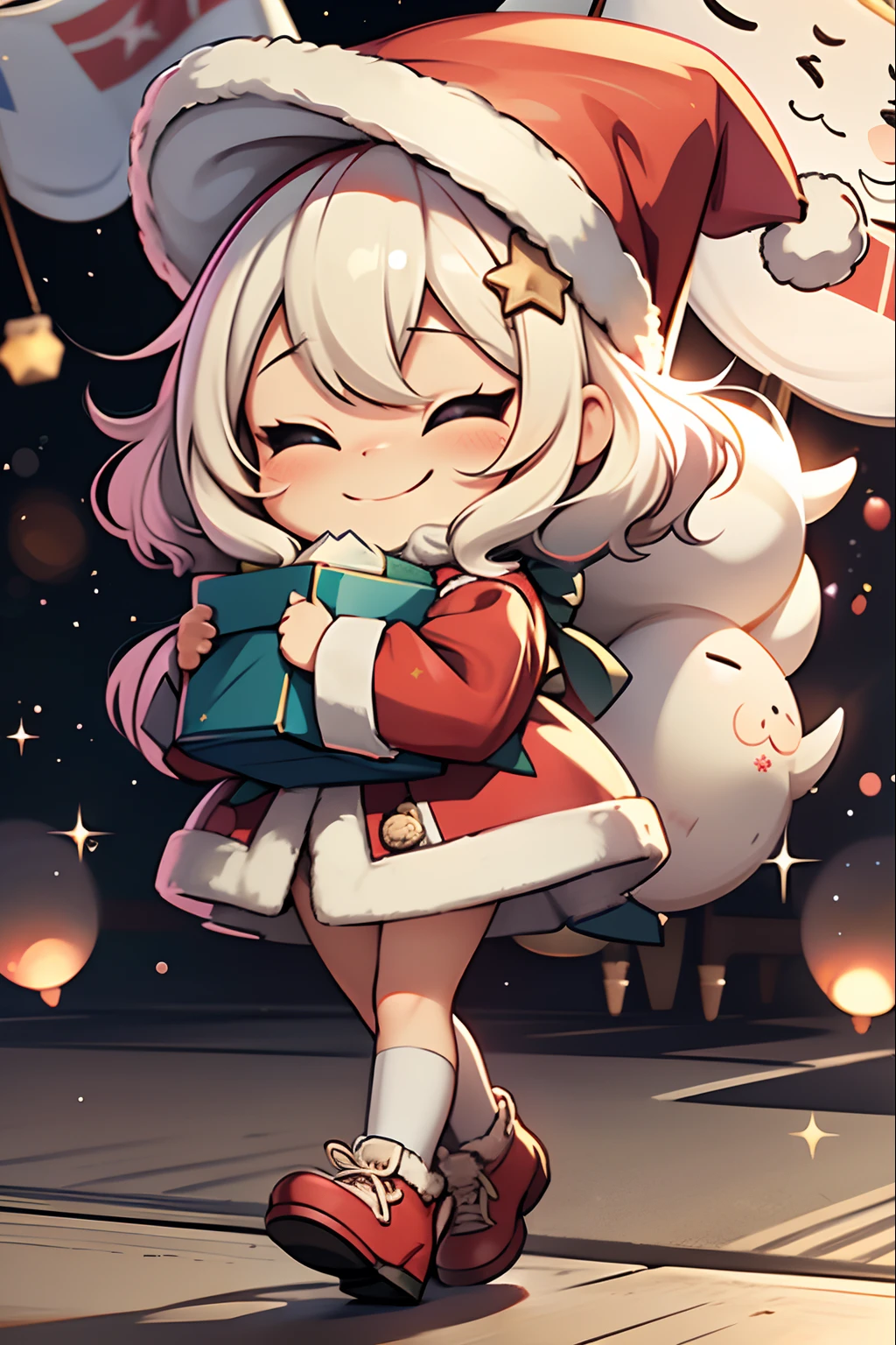 Santa Claus happily carrying presents、Santa is a pretty girl、Chibi Doll、Stars in the eyes（kirakira）、Laugh、Cute red shoes、foco nítido, Ultra Detail, radiant light、bio luminescent、A large flag flutters in the background、Fire Emblem on the flag、Stronger bokeh effect