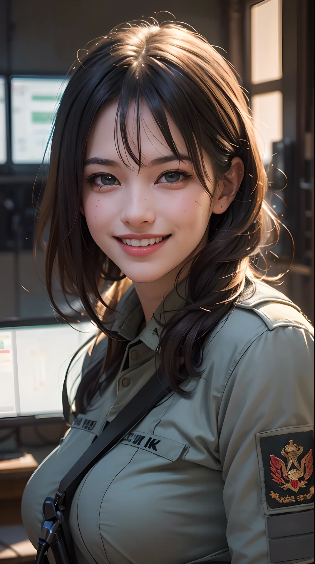 (best quality,4k,8k,highres,masterpiece:1.2), ultra-detailed, (realistic,photorealistic,photo-realistic:1.37), (beautiful detailed eyes, beautiful detailed lips, extremely detailed eyes and face), studio lighting, physically-based rendering,vivid colors, (big tits, super big tits, super extra big tits:0.8), (military operator, tactical microphone, operations command center:1.5), (soft lighting:0.8), (portrait, smile and laugh:1.5),