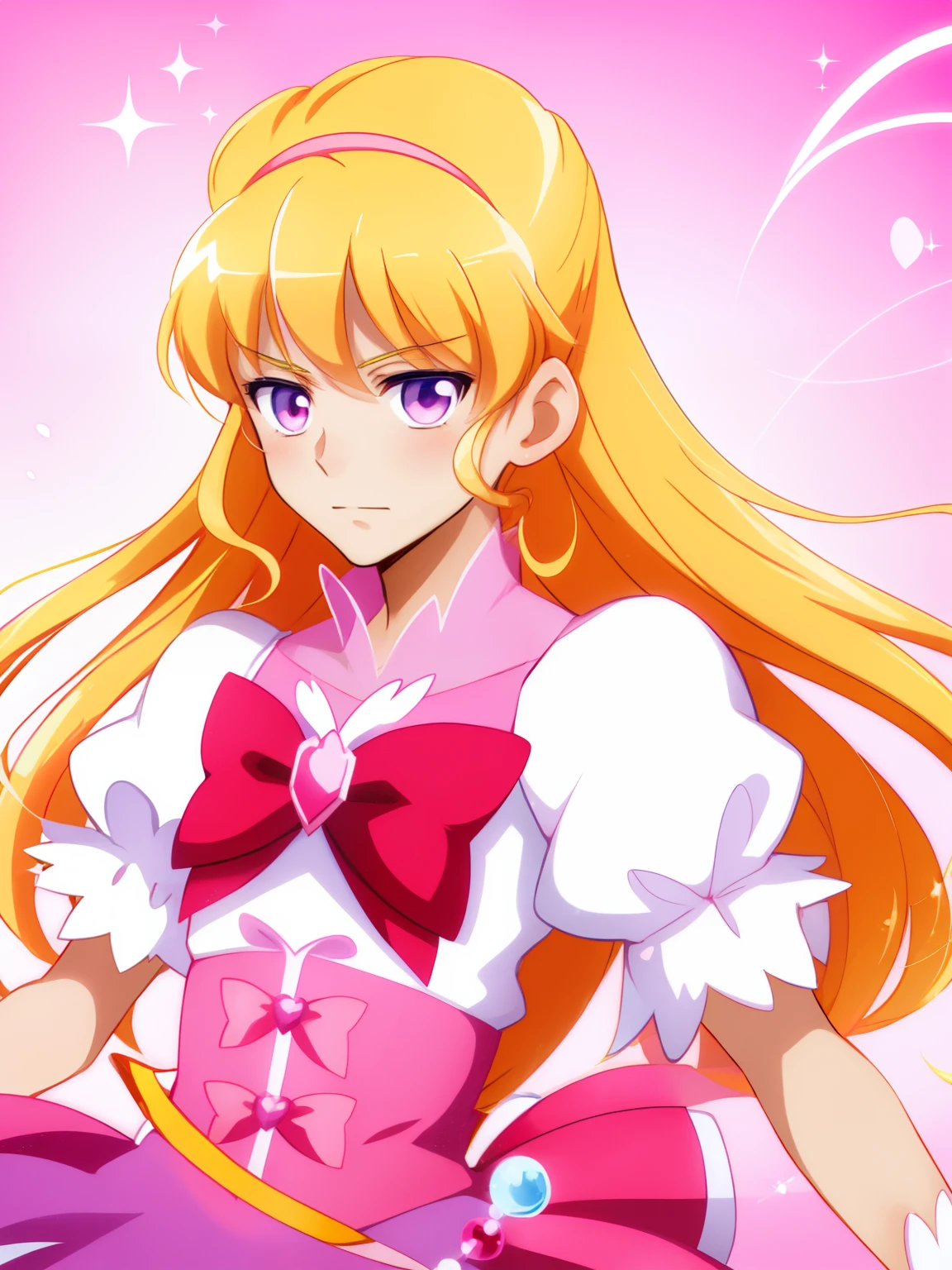 Anime boy in red dress with pink bow and pink heart, Portrait of a magical boy, Prince in anime, Magical Boy Anime Mahou Shōnen, Blonde long twin-tailed hair man, Candy Boy, Magical Boy, Dress Up Darling Anime, white glove, Magical Boy Style, Cool, marin kitagawa fanart, official artwork,