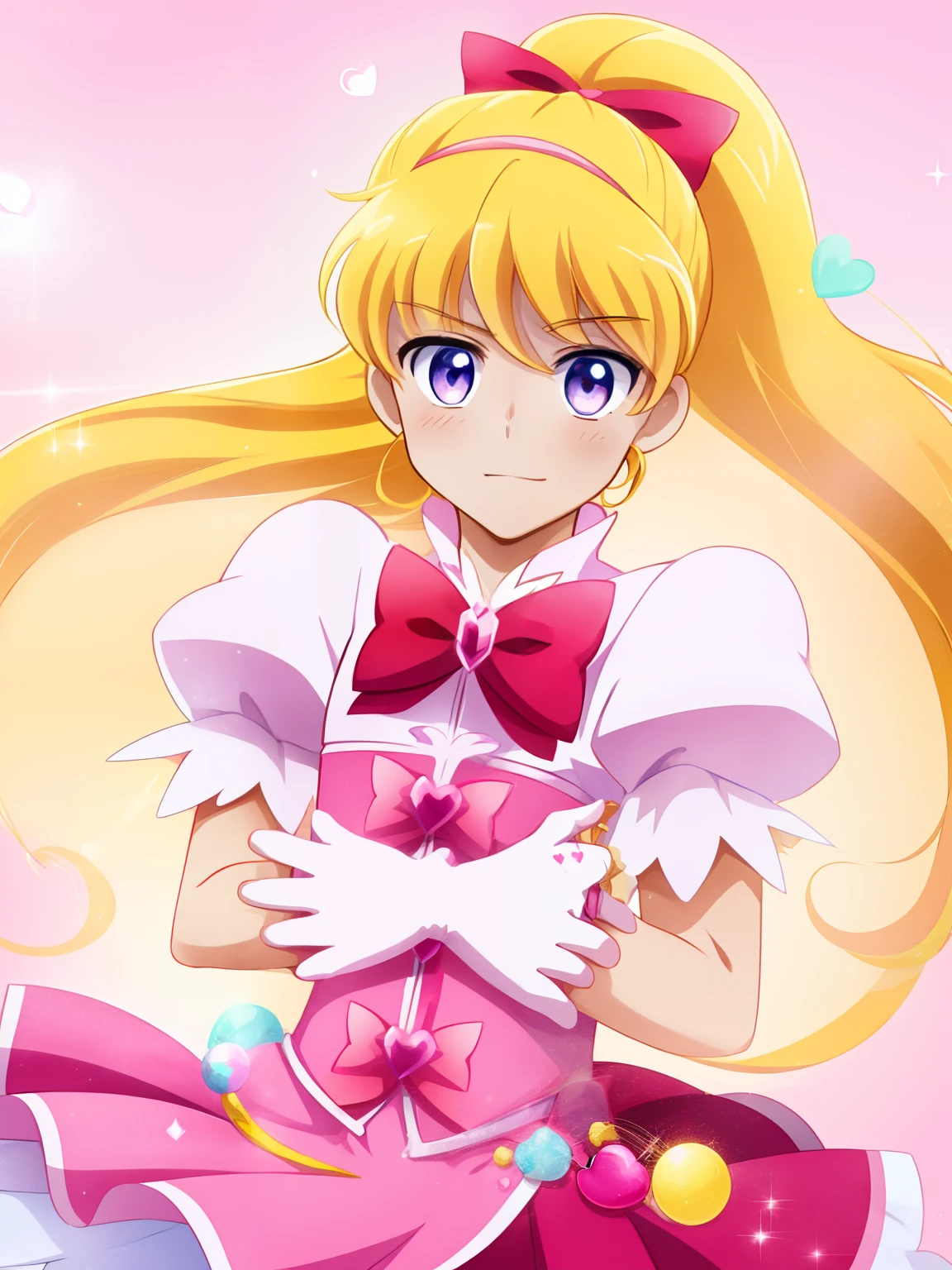 Anime boy in red dress with pink bow and pink heart, Portrait of a magical boy, Prince in anime, Magical Boy Anime Mahou Shōnen, Blonde long twin-tailed hair man, Candy Boy, Magical Boy, Dress Up Darling Anime, white glove, Magical Boy Style, Cool, marin kitagawa fanart, official artwork,