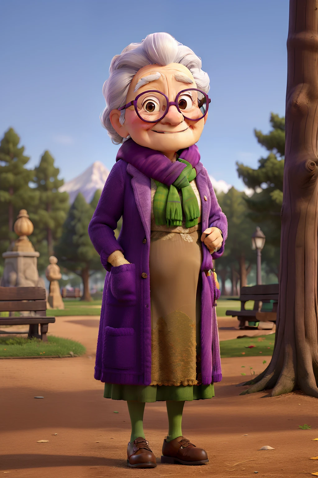 masterpiece, best quality, an old woman with glasses and a scarf on, wearing a purple coat and green scarf, standing at the park