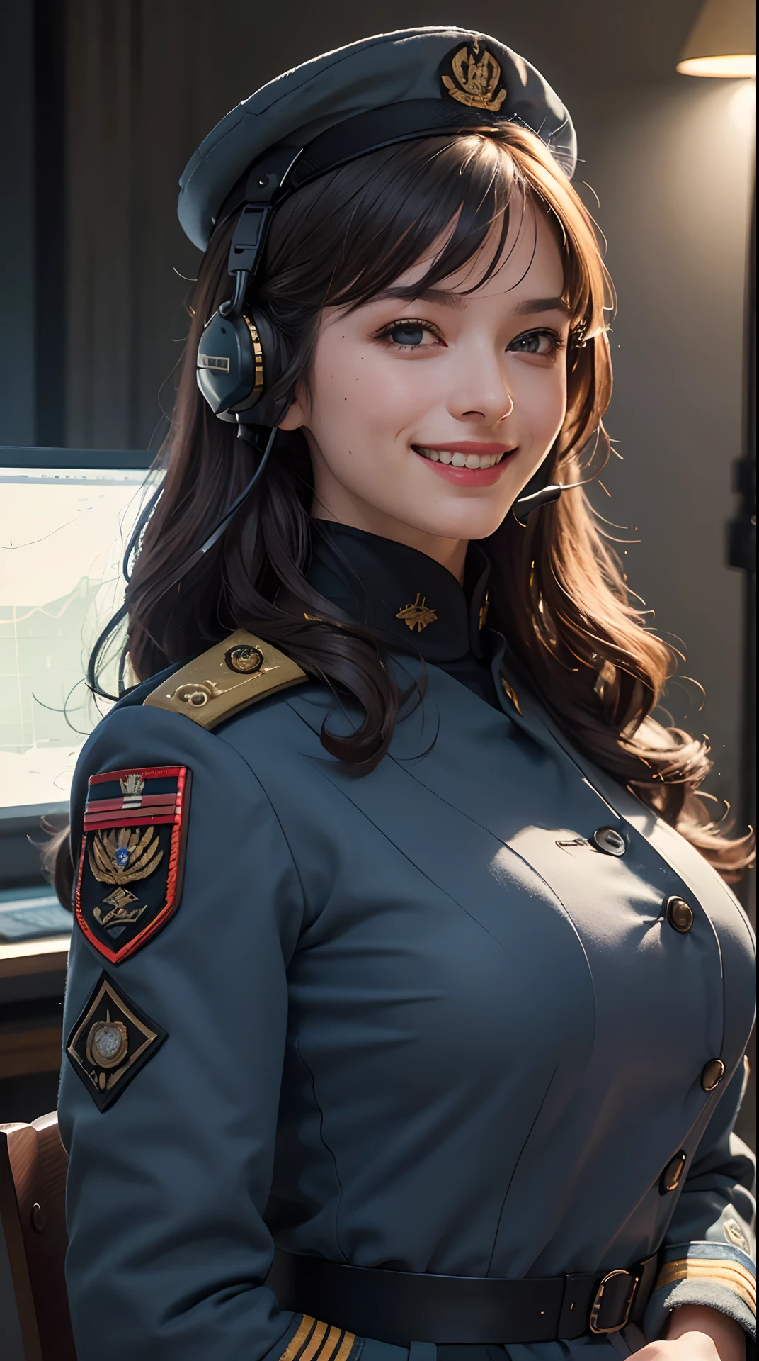 (best quality,4k,8k,highres,masterpiece:1.2), ultra-detailed, (realistic,photorealistic,photo-realistic:1.37), (beautiful detailed eyes, beautiful detailed lips, extremely detailed eyes and face), studio lighting, physically-based rendering,vivid colors, (big tits, super big tits, super extra big tits:0.8), (military or naval uniform, tactical headset, operations command center:1.5), (soft lighting:0.8), (portrait, smile and laugh:1.5),