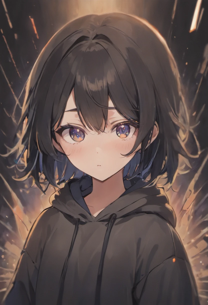 A girl anime Chibi with straight black hair, No Bangs, hair parted in middle. No bangs. Wearing glasses and in hoodie.