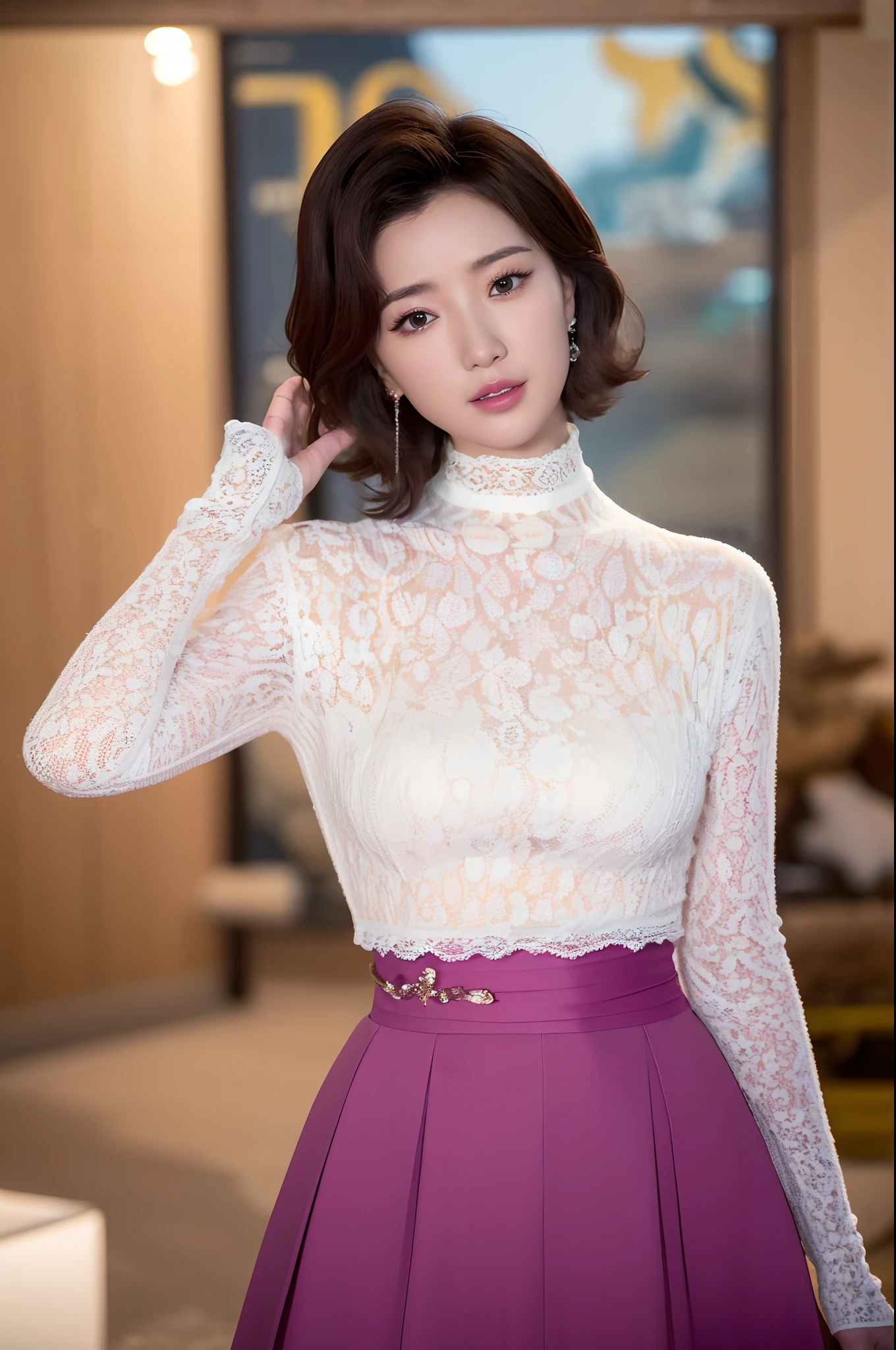 Realiy，8K，超高分辨率，Front light，rays of sunshine，suns，photographed，(the sea，sandbeach，visitor，Iot，sea shell，Kayaking，baiyun)，cotton candy， Female celebrities，short detailed hair，(high-necksweater，long  skirt:1.2)，无袖,Hair_decorations, (Solo,solo person：1.3), Lace long gloves，jewelry，sash, Looking_at_peeping at the viewer, Bigchest，tight-fitting，(A half body，中景 the scene is)，Face lighting，laughingly