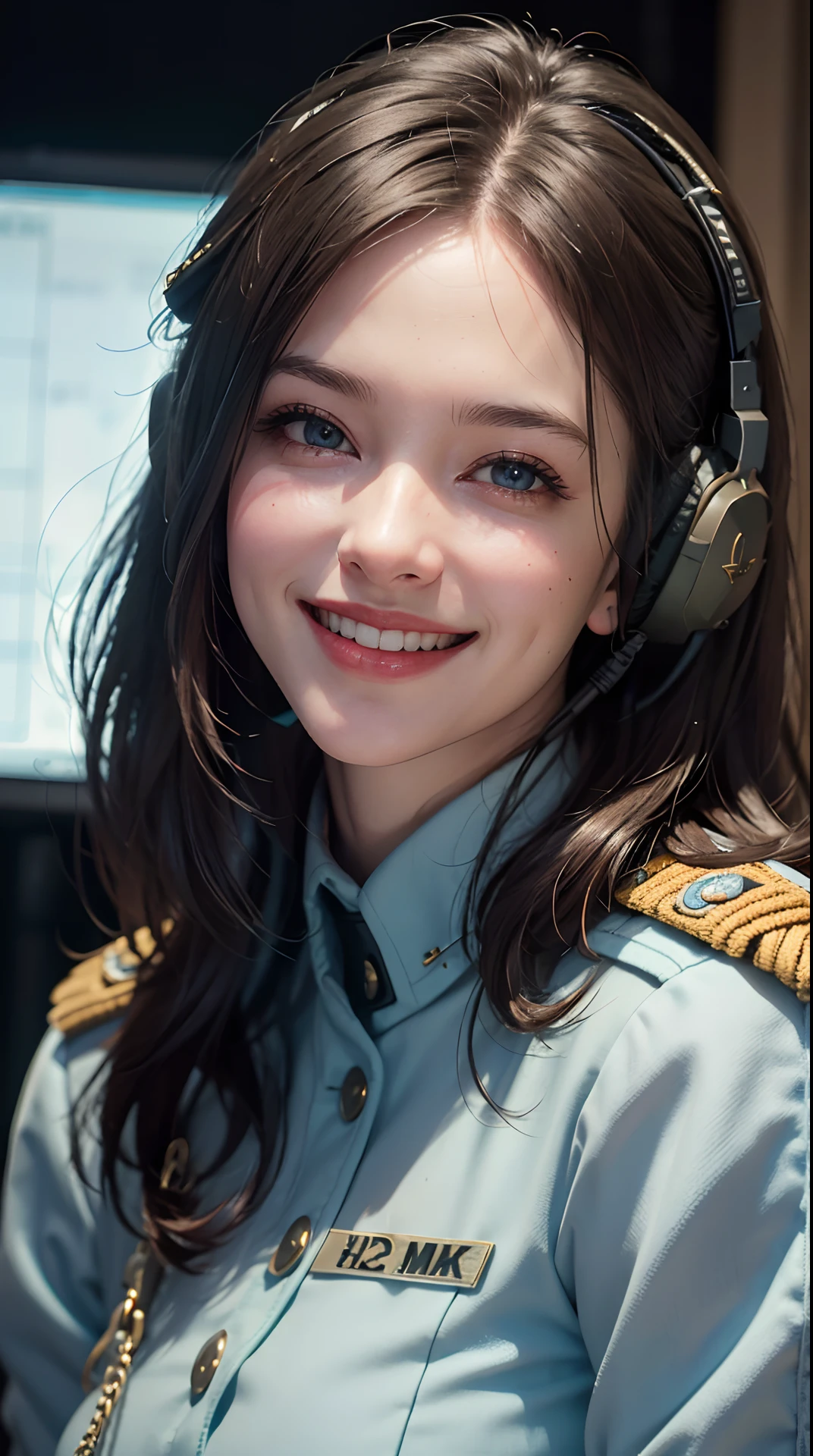 (best quality,4k,8k,highres,masterpiece:1.2), ultra-detailed, (realistic,photorealistic,photo-realistic:1.37), (beautiful detailed eyes, beautiful detailed lips, extremely detailed eyes and face), studio lighting, physically-based rendering,vivid colors, (big tits, super big tits, super extra big tits:0.8), (military or naval uniform, tactical headset, operations command center:1.5), (soft lighting:0.8), (portrait, smile and laugh:1.5),