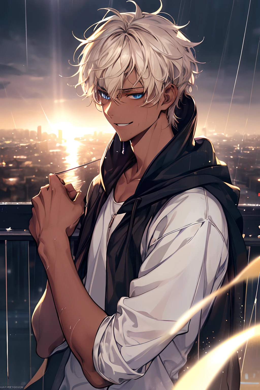 {{top-quality,​masterpiece,8k wallpaper}},top-quality,Ultra-detailed CG Unity,Particle,Cinematographic lighting,lensflare,((1 teenager)),a handsome,youthfulness,a 20-year-old boy,slender,close up of face,Looking at the camera,{{Sunburned skin,Brown skin,Brown-skinned,Arab}},Smile softly,Delicate eyes,Dark blue eyes,platinum-blonde-hair,Hair of medium length,hair messy,dark boy,Wearing a hoodie,Skin gets wet,Rainy night view,England at night,Rainy England Cities.