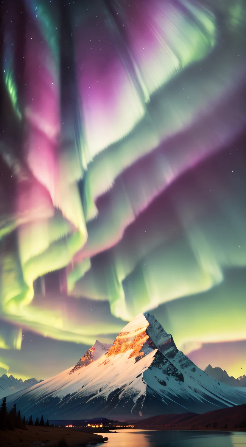 the night，((Aurora in brilliant colors))，mountain ranges，4K Ultra HD, 超高分辨率, (Photorealistic: 1.4), Best quality，Masterpiece，（pastel colour：1.2）