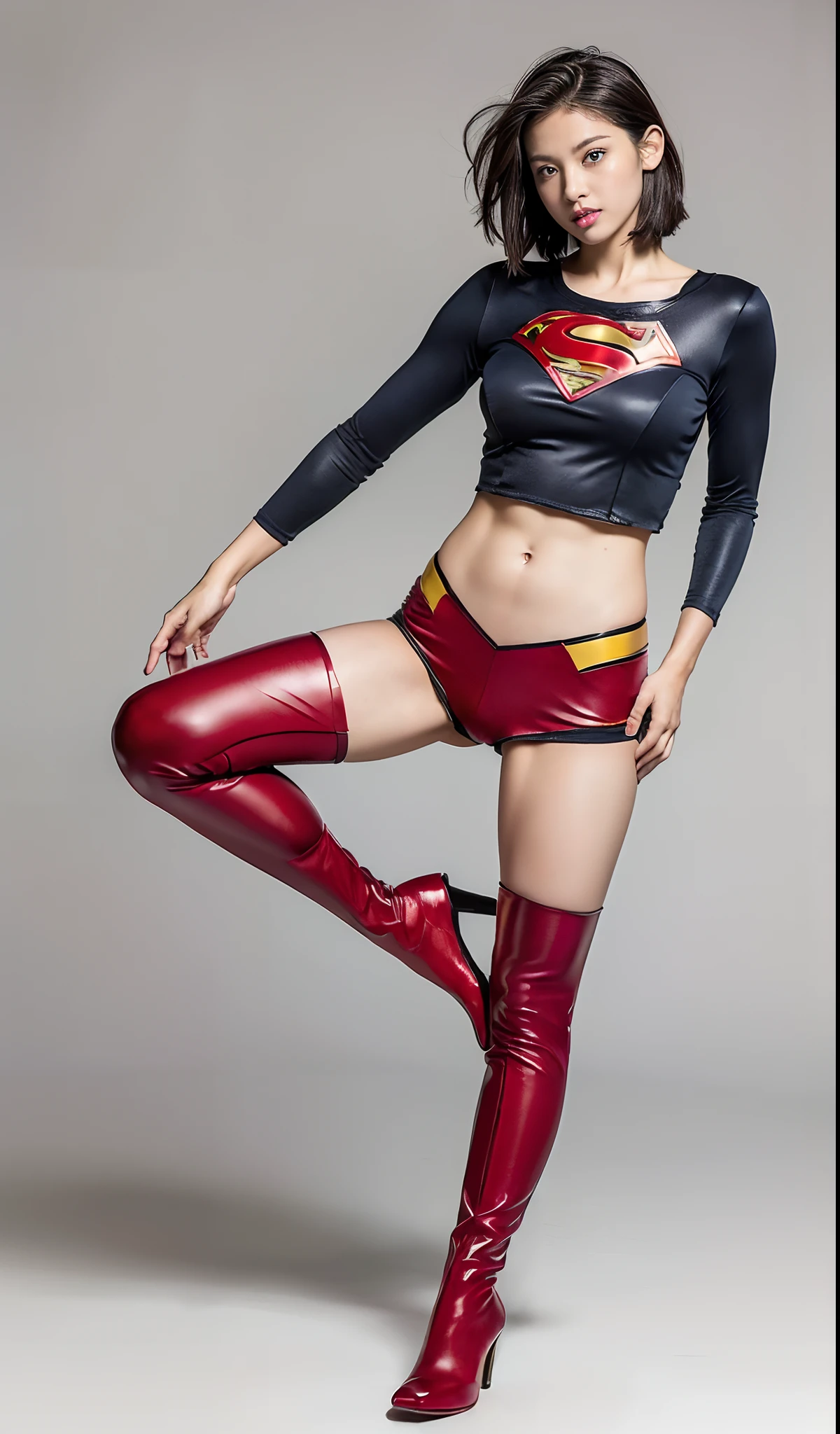 Beautiful girl fighting、japanes、Cute Beautiful Girl、(((Wear black tights on your beautiful legs.)))、(((beauty legs)))、(((Painful look)))、((((Make the most of the original image)))、(((Supergirl Costume)))、(((Beautiful hair in a short cut)))、(((Injured)))、(((Feet must necessarily be worn with black tights)))、(((You need to wear red boots)))、((Top image quality、8K))、((top-quality、8K、​masterpiece:1.3))、(((Keep your background simple)))、Crisp focus:1.2、Beautiful woman with perfect body shape:1.4、Slender Abs:1.2、a wet body:1.5、Highly detailed facial and skin texture、8K、Keep your background simple