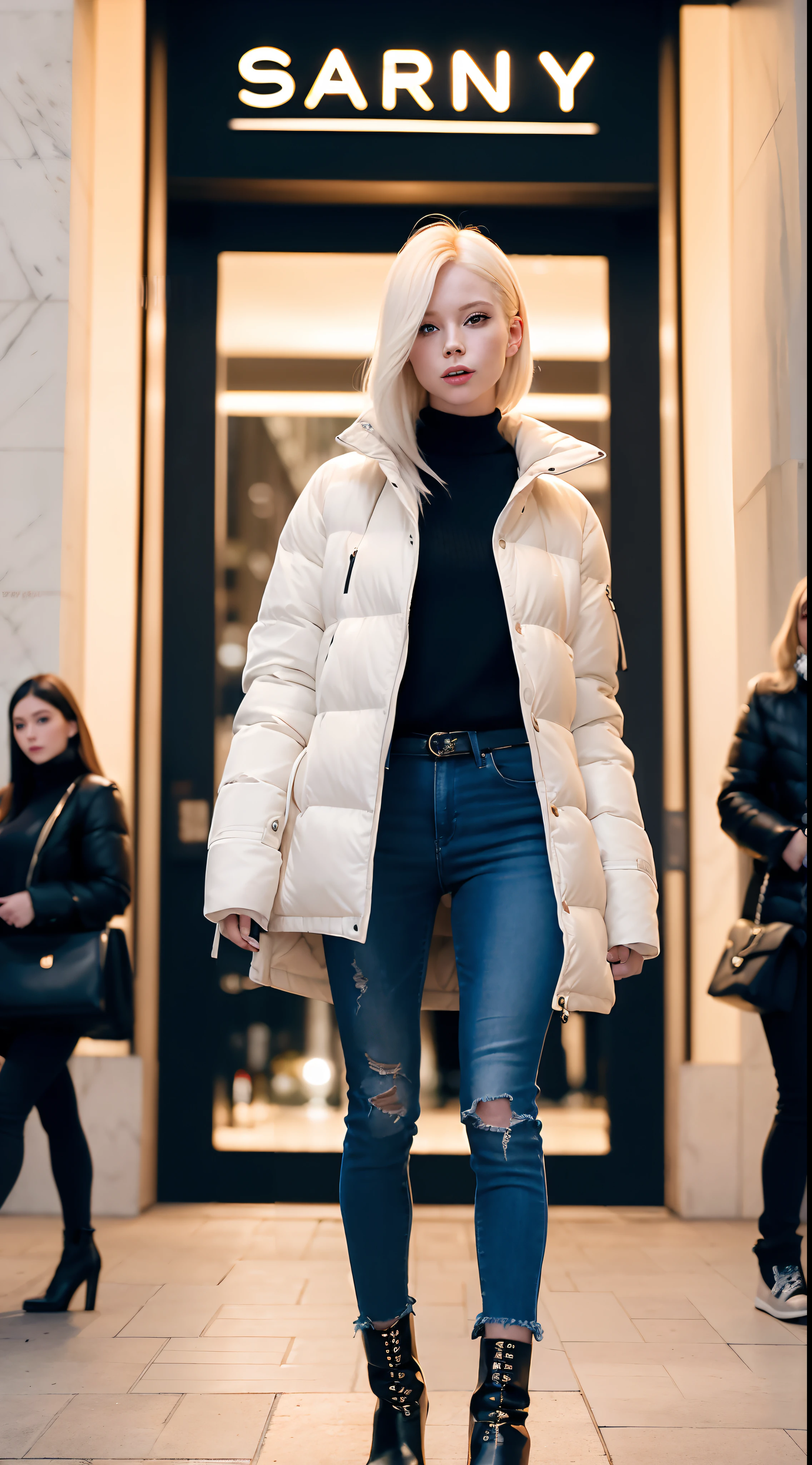 Big city at dusk, in front of the entrance of a department store, a beautiful Scandinavian woman, solo, albino, 27 years old, 180cm tall, beautiful face, big eyes, long eyelashes, big smile, short bob, slender limbs, flight jacket, V-neck sweater, skinny jeans, short boots, dynamic pose, fashion magazine style,