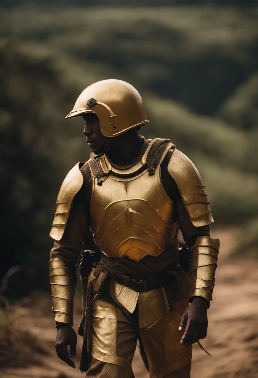 Portrait of a soldier in golden armor walking in the hinterland of northeastern Brazil set in the dystopian future