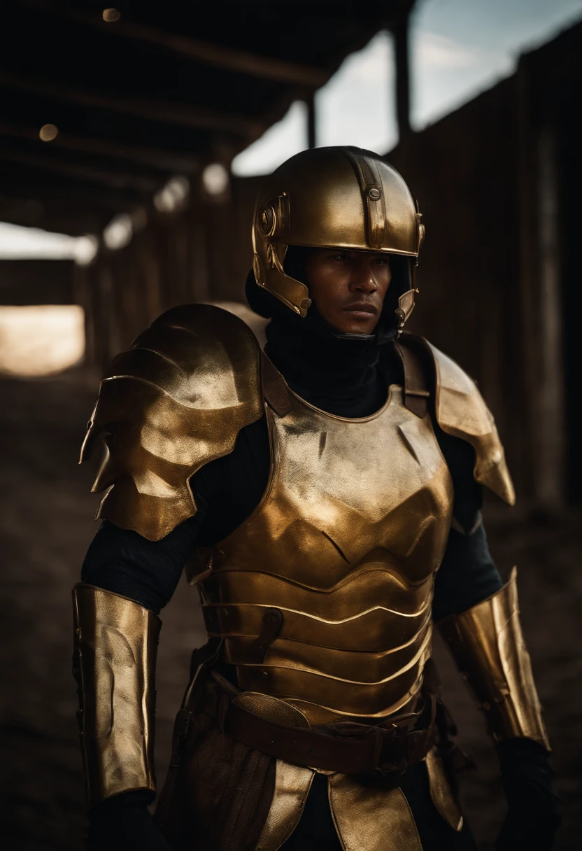 Portrait of a soldier in golden armor walking in the hinterland of northeastern Brazil set in the dystopian future