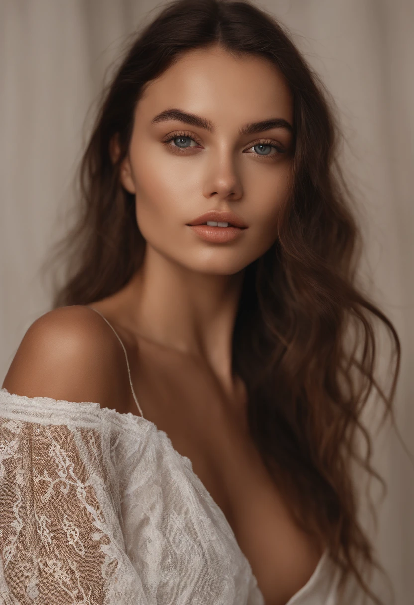 Femme arafed sans vetement, fille sexy aux yeux bruns, Portrait Sophie Mudd, cheveux bruns et grands yeux, Les yeux dans la chambre, ohne Maquillage, maquillage naturel, Look directly into the camera, Visage avec Artgram, dezentes Maquillage, Superbe photo du corps entier, Fission, sur une plage de sable blanc en string, souriante